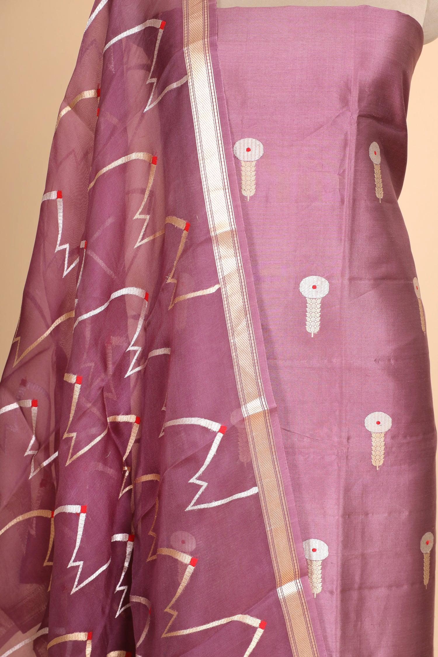 Mauve Soft Silk Suit Set With Organza Dupatta