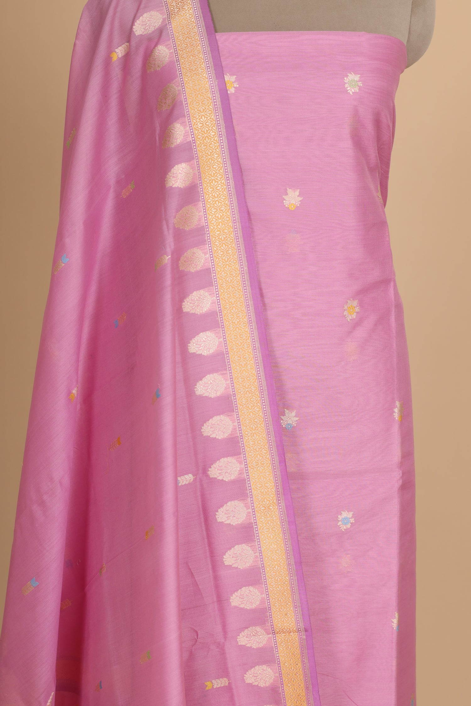 Blush Pink Premium Cotton Banarasi Suit With Meenakari Floral Motif