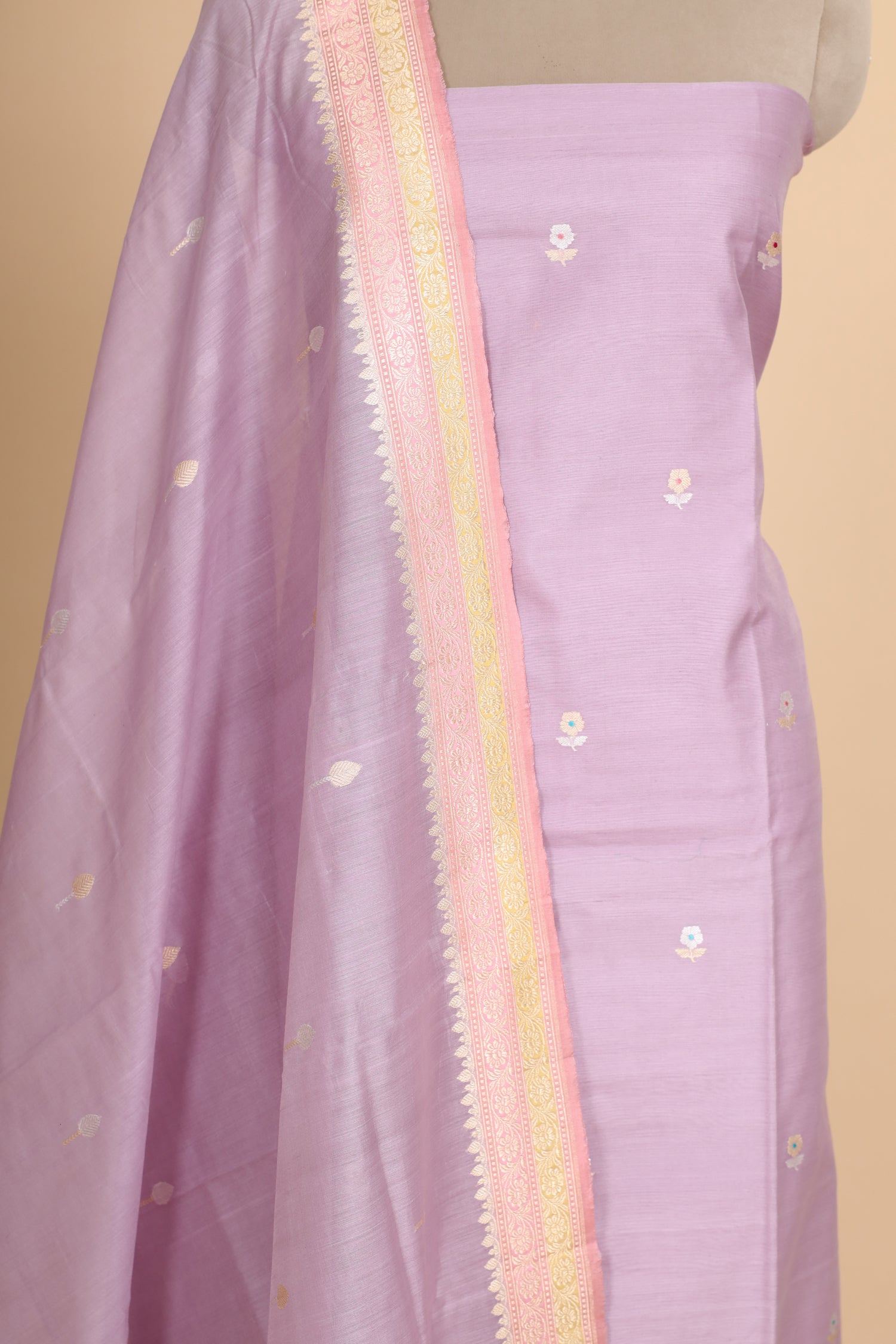 Lavender Premium Cotton Banarasi Suit With Meenakari Floral Motif