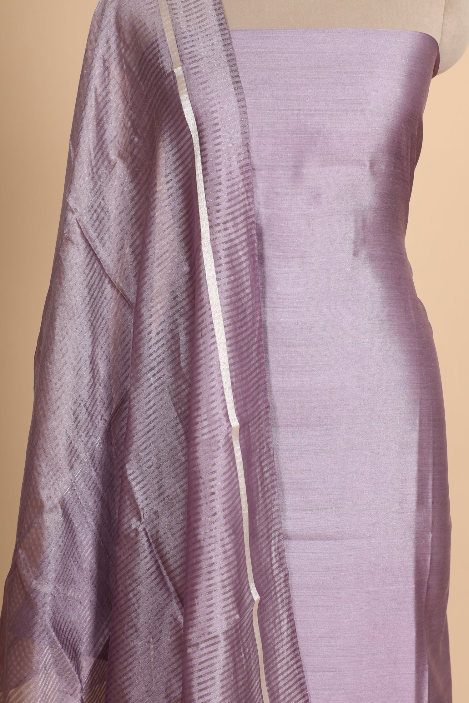 Lavender Green Chiniya Silk Suit Set With Tissue Stripe Dupatta