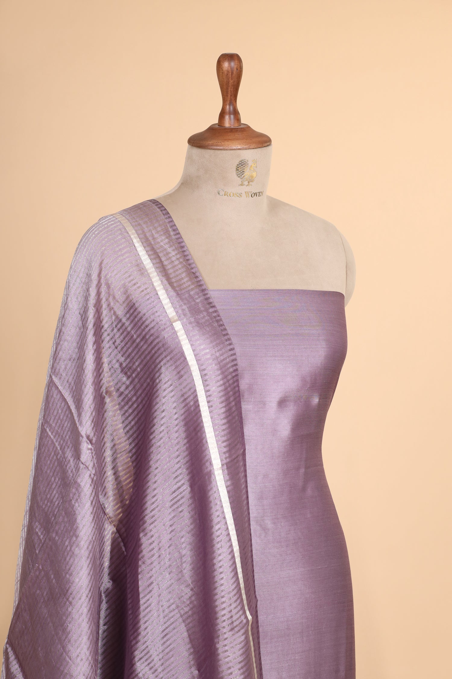 Lavender Green Chiniya Silk Suit Set With Tissue Stripe Dupatta
