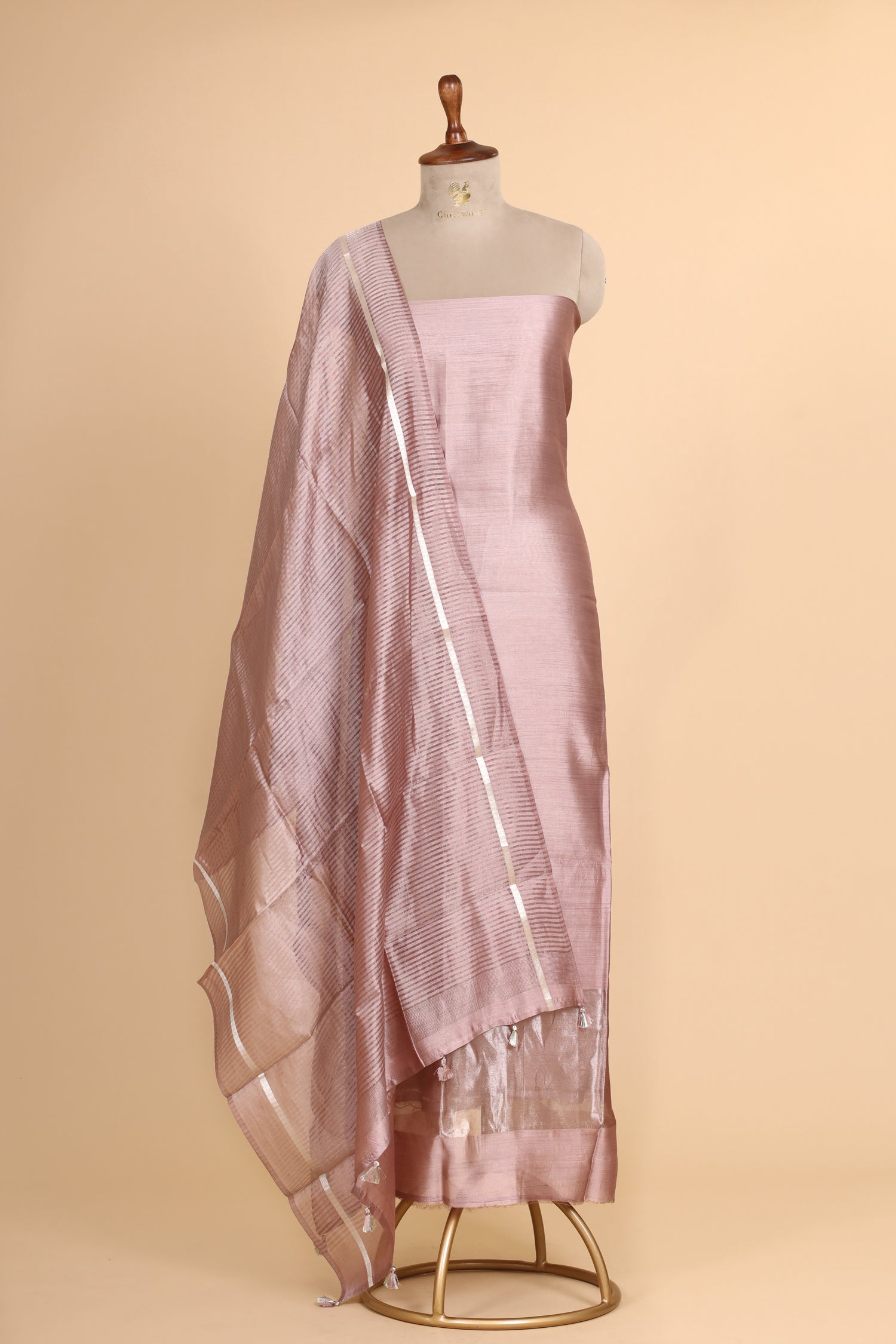 Pastel Pink Chiniya Silk Suit Set With Tissue Stripe Dupatta