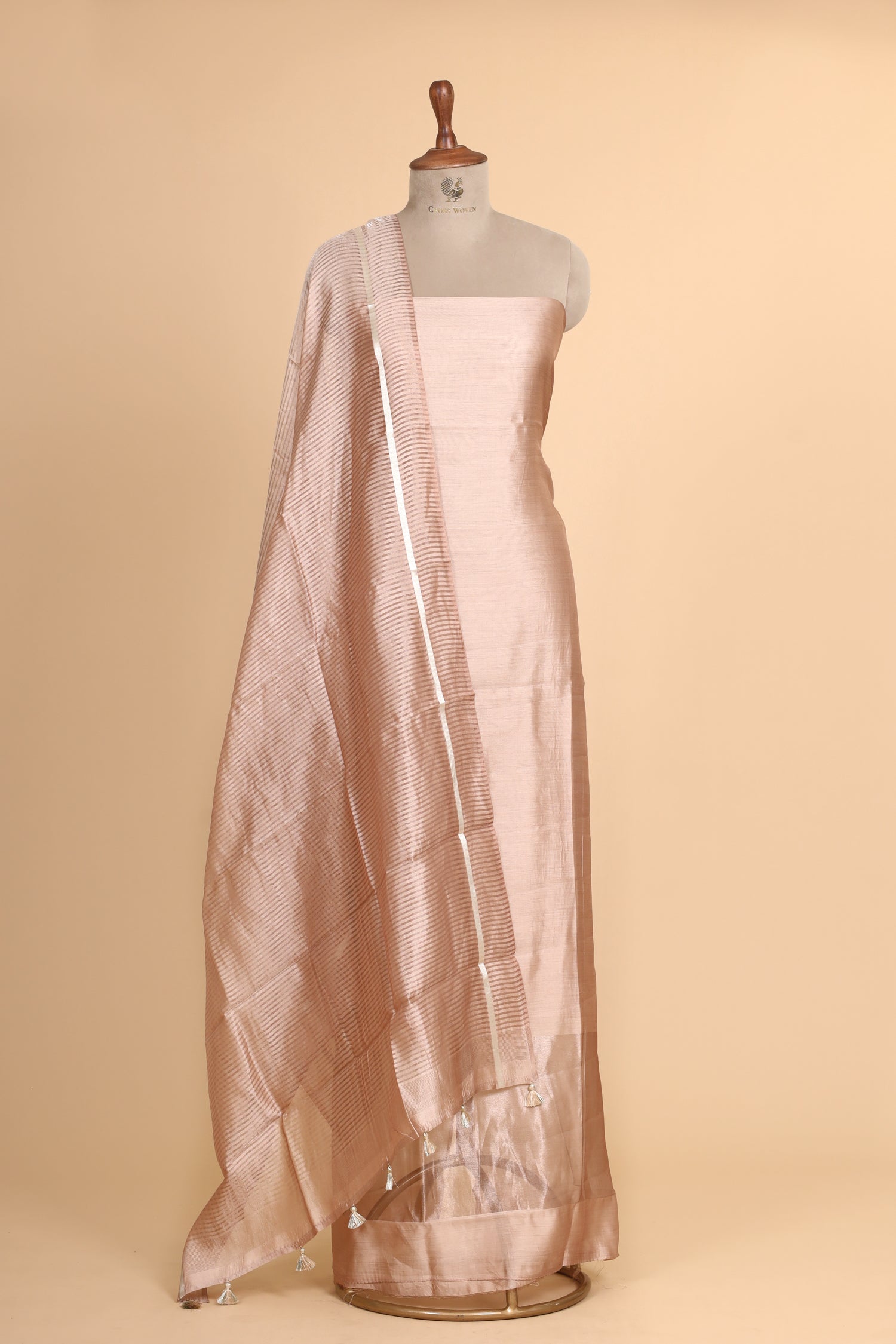 Gold Beige Chiniya Silk Suit Set With Tissue Stripe Dupatta