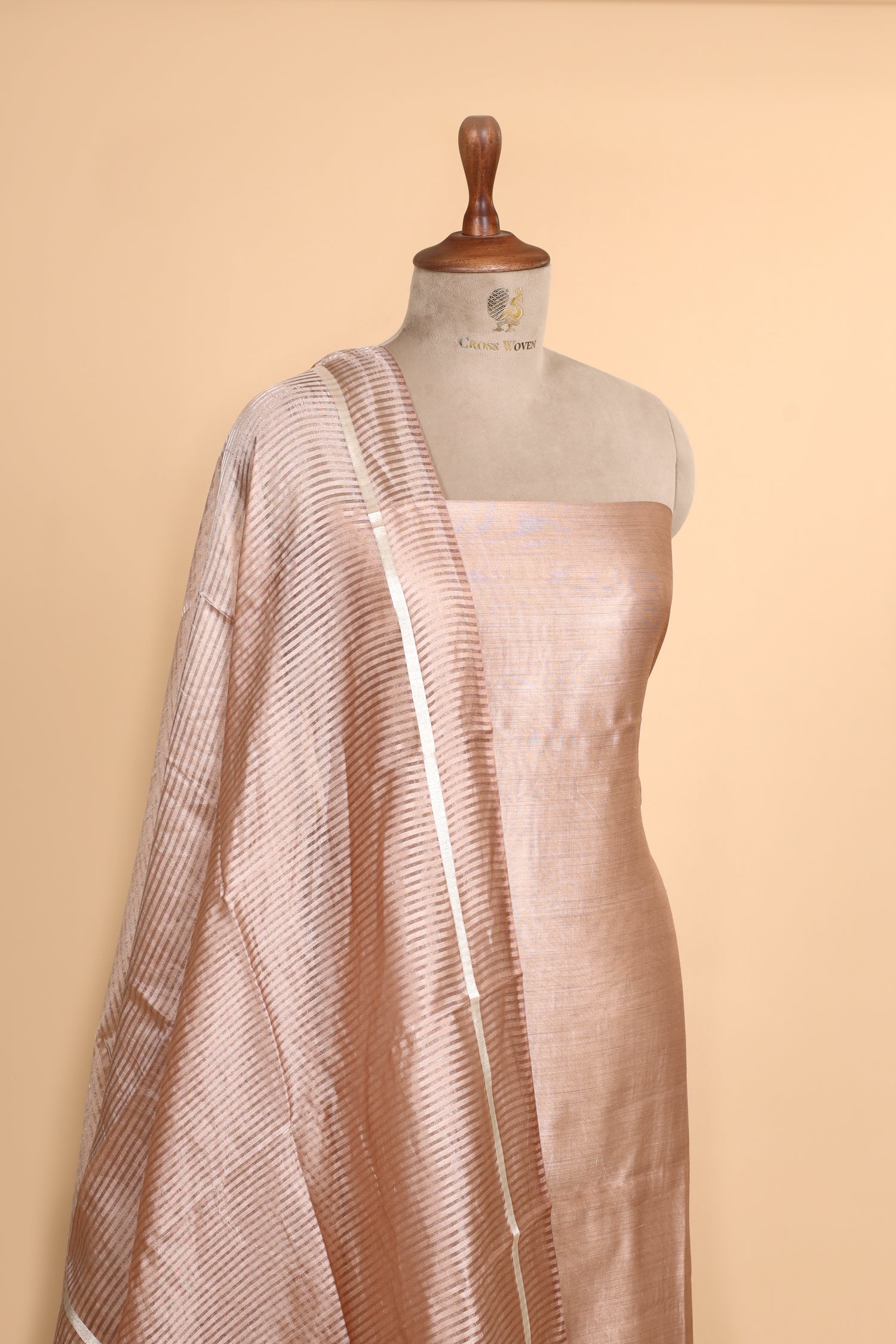 Gold Beige Chiniya Silk Suit Set With Tissue Stripe Dupatta