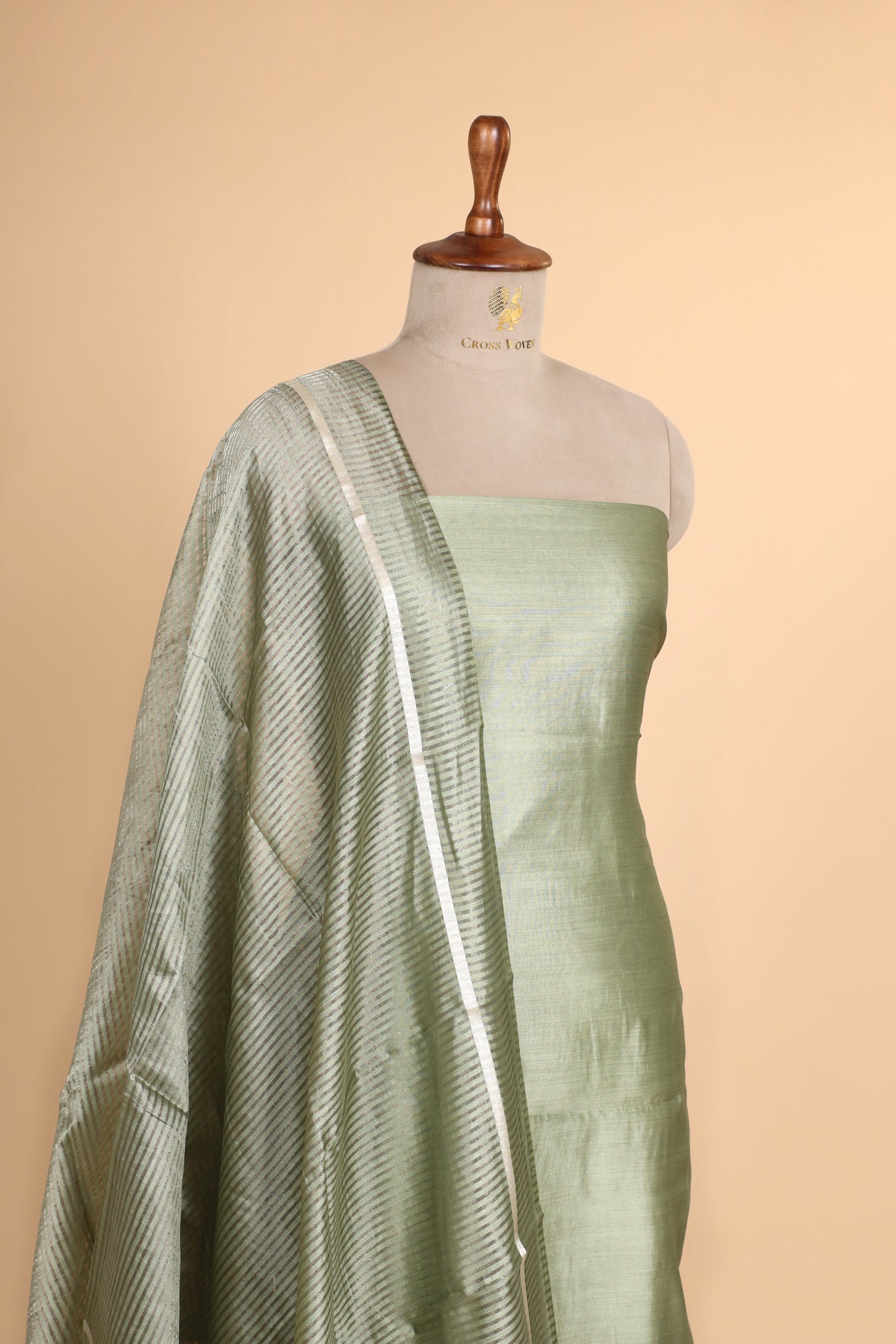 Pista Green Chiniya Silk Suit Set With Tissue Stripe Dupatta