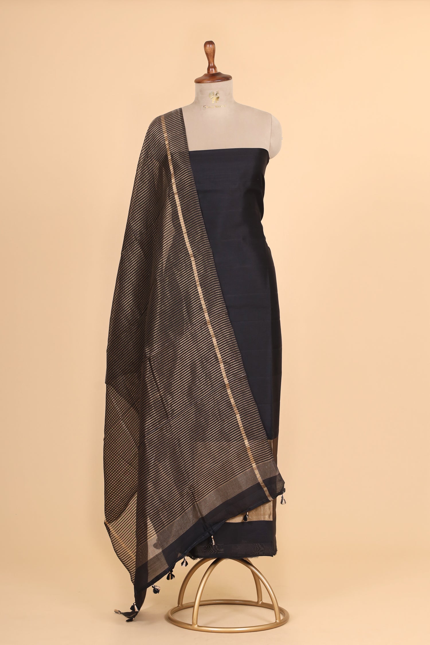 Black Chiniya Silk Suit Set With Tissue Stripe Dupatta