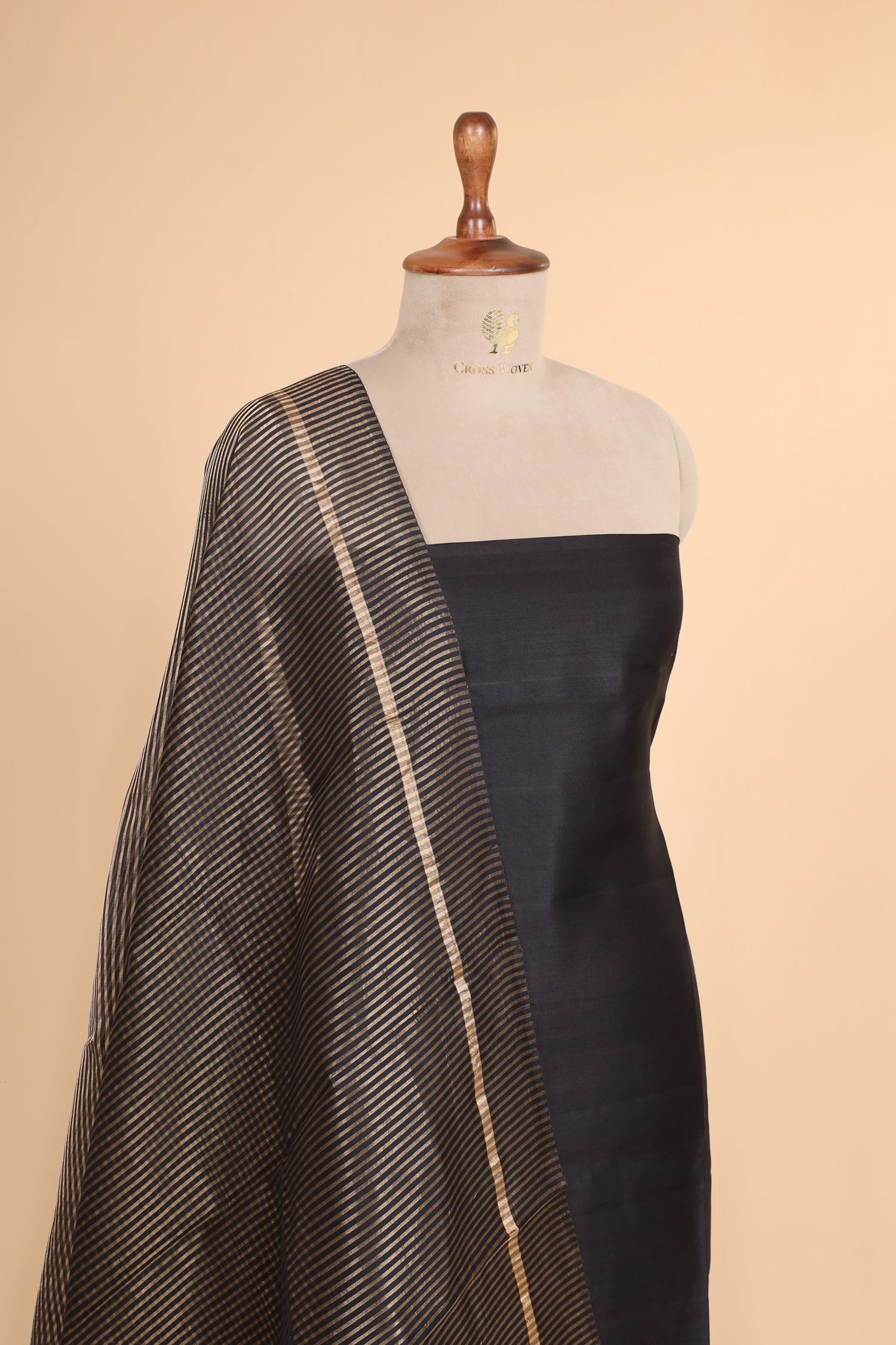 Black Chiniya Silk Suit Set With Tissue Stripe Dupatta