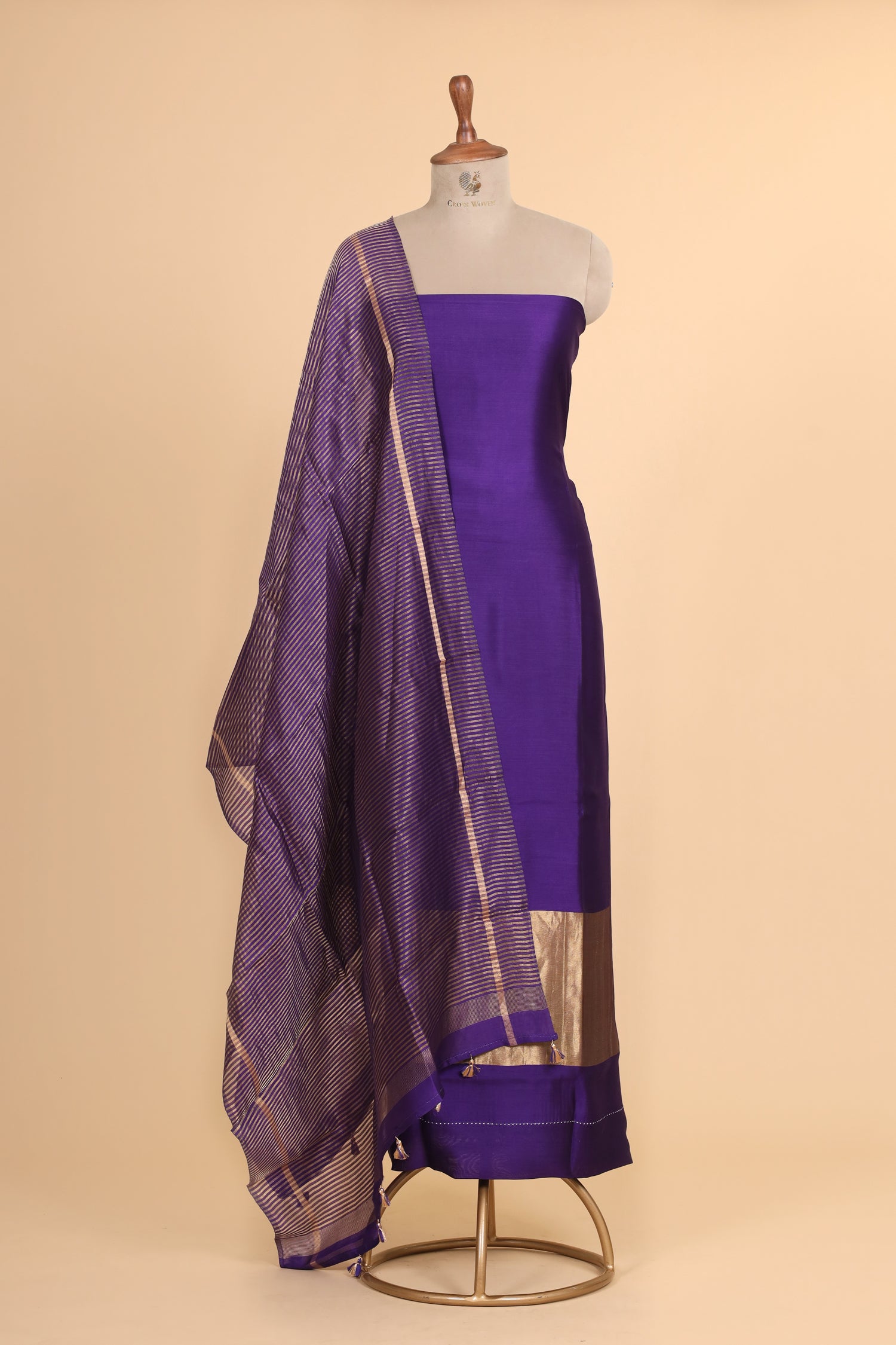 Deep Purple Chiniya Silk Suit Set With Tissue Stripe Dupatta