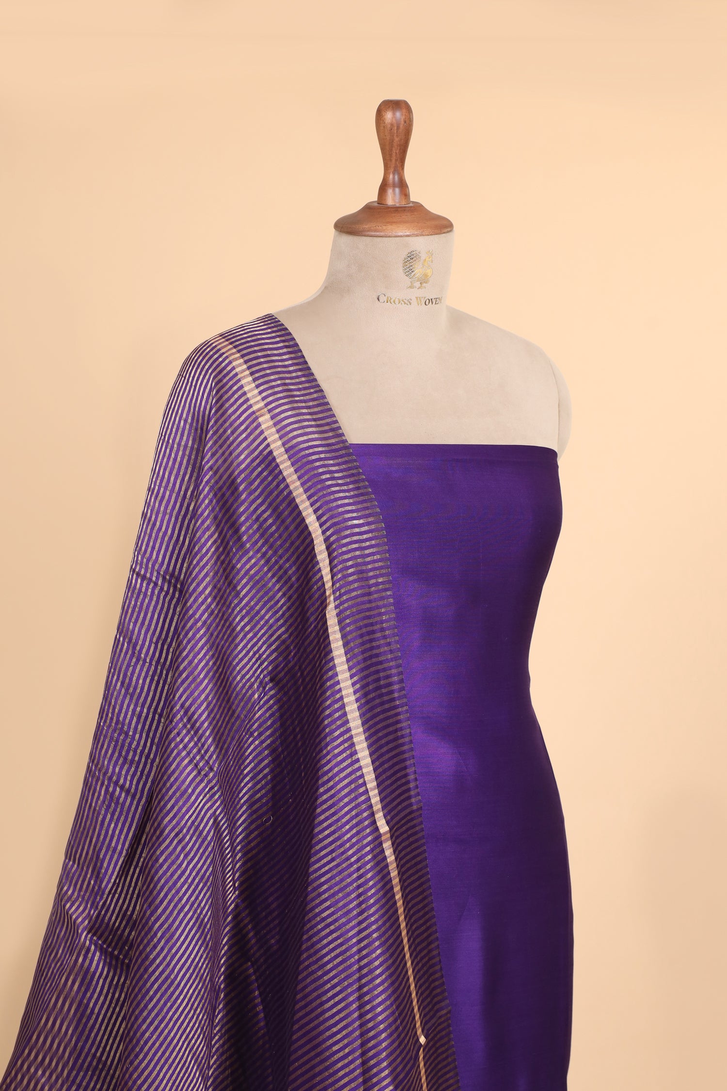 Deep Purple Chiniya Silk Suit Set With Tissue Stripe Dupatta