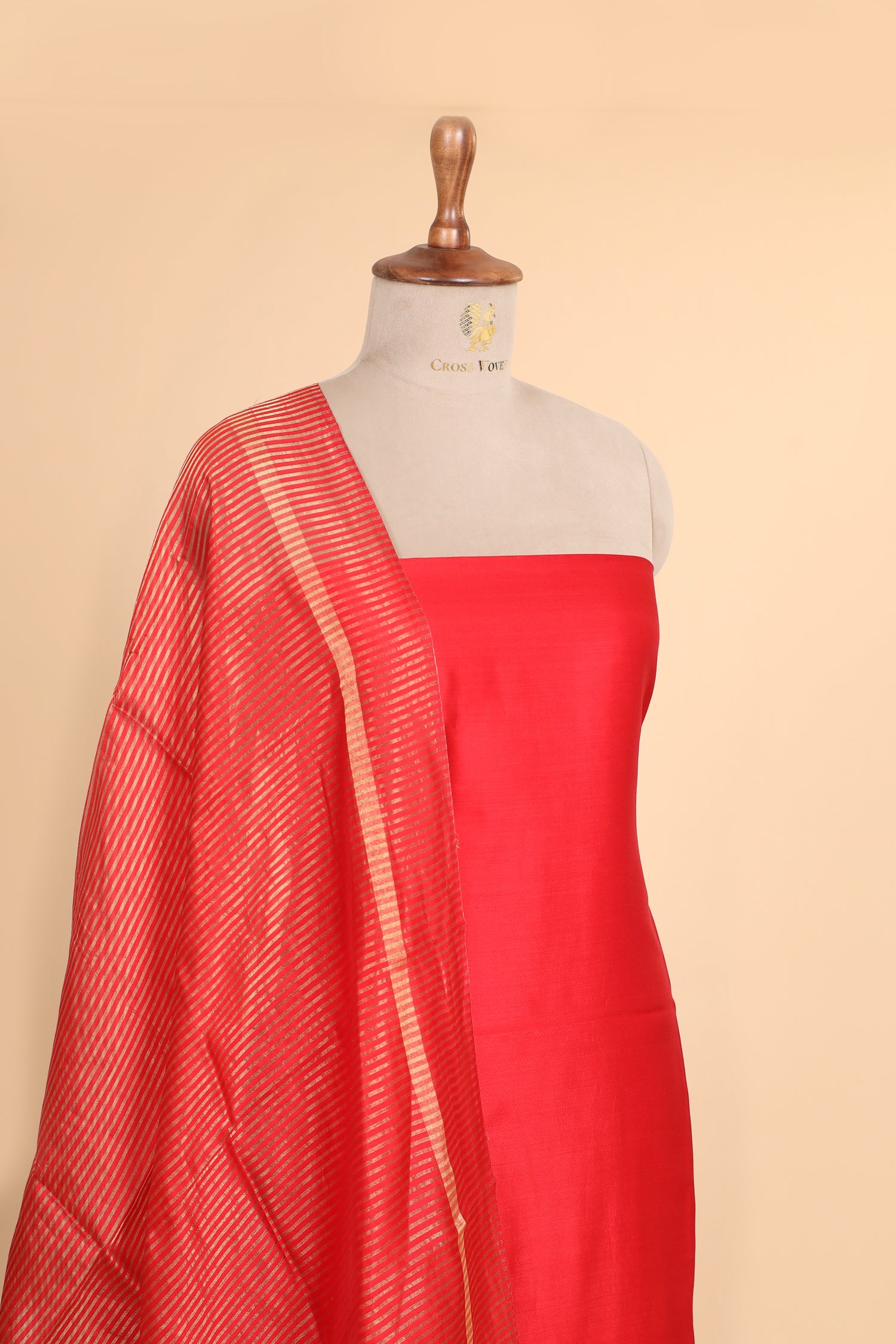 Red Chiniya Silk Suit Set With Tissue Stripe Dupatta