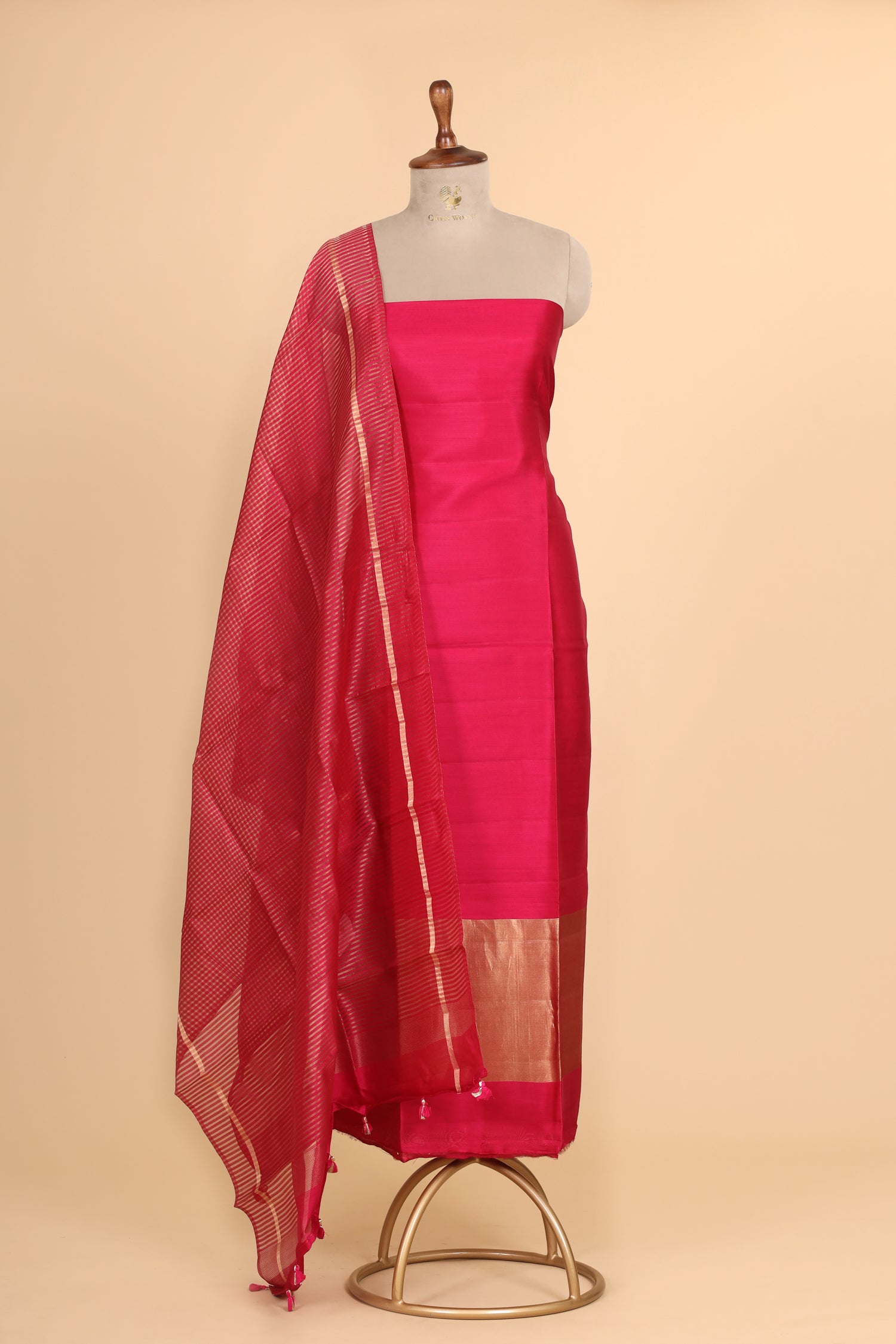 Pink Chiniya Silk Suit Set With Tissue Stripe Dupatta