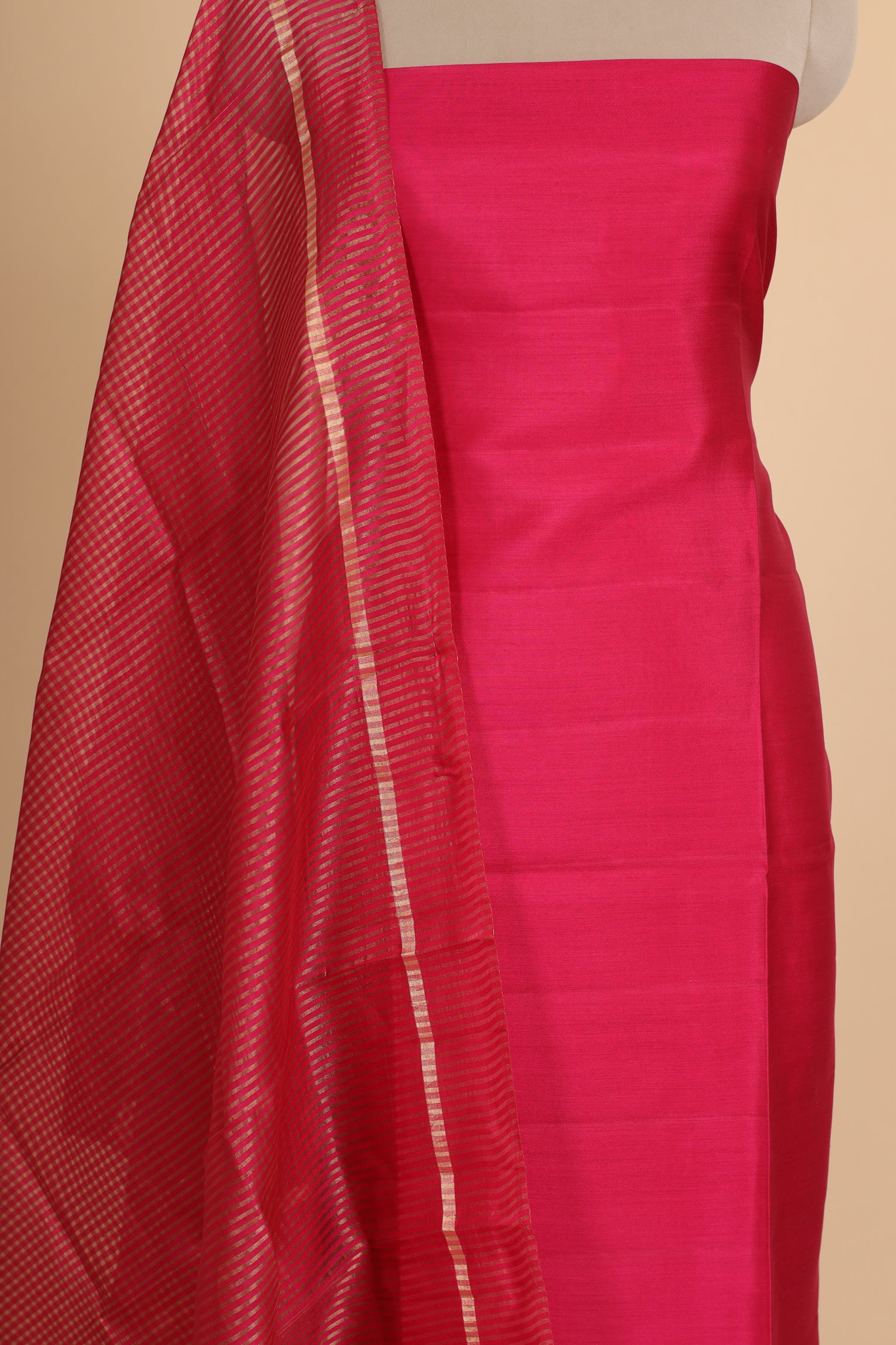 Pink Chiniya Silk Suit Set With Tissue Stripe Dupatta
