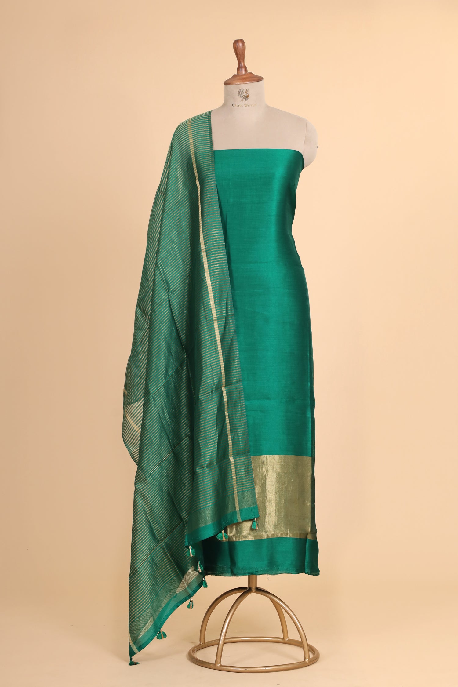 Bottle Green Chiniya Silk Suit Set With Tissue Stripe Dupatta