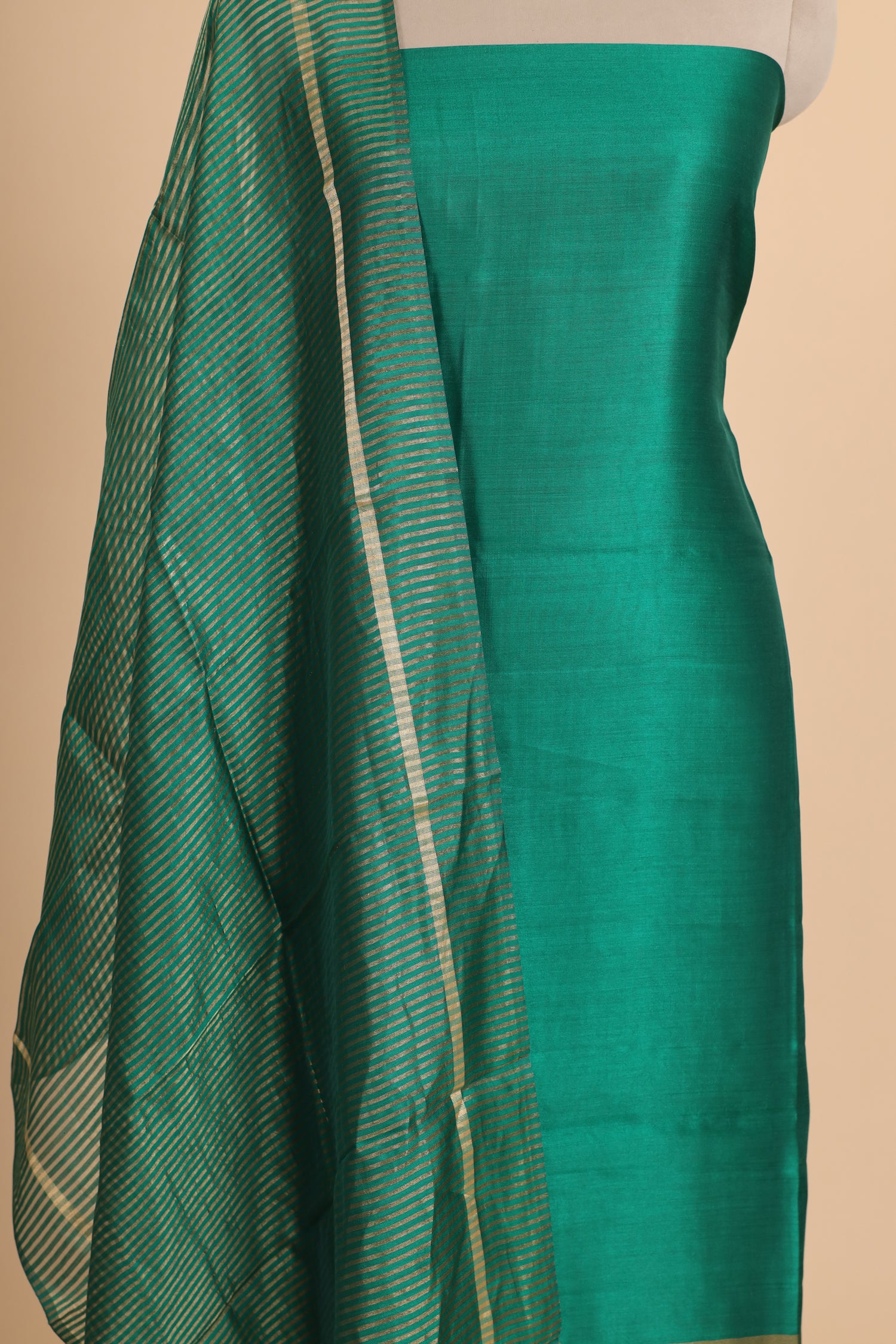 Bottle Green Chiniya Silk Suit Set With Tissue Stripe Dupatta