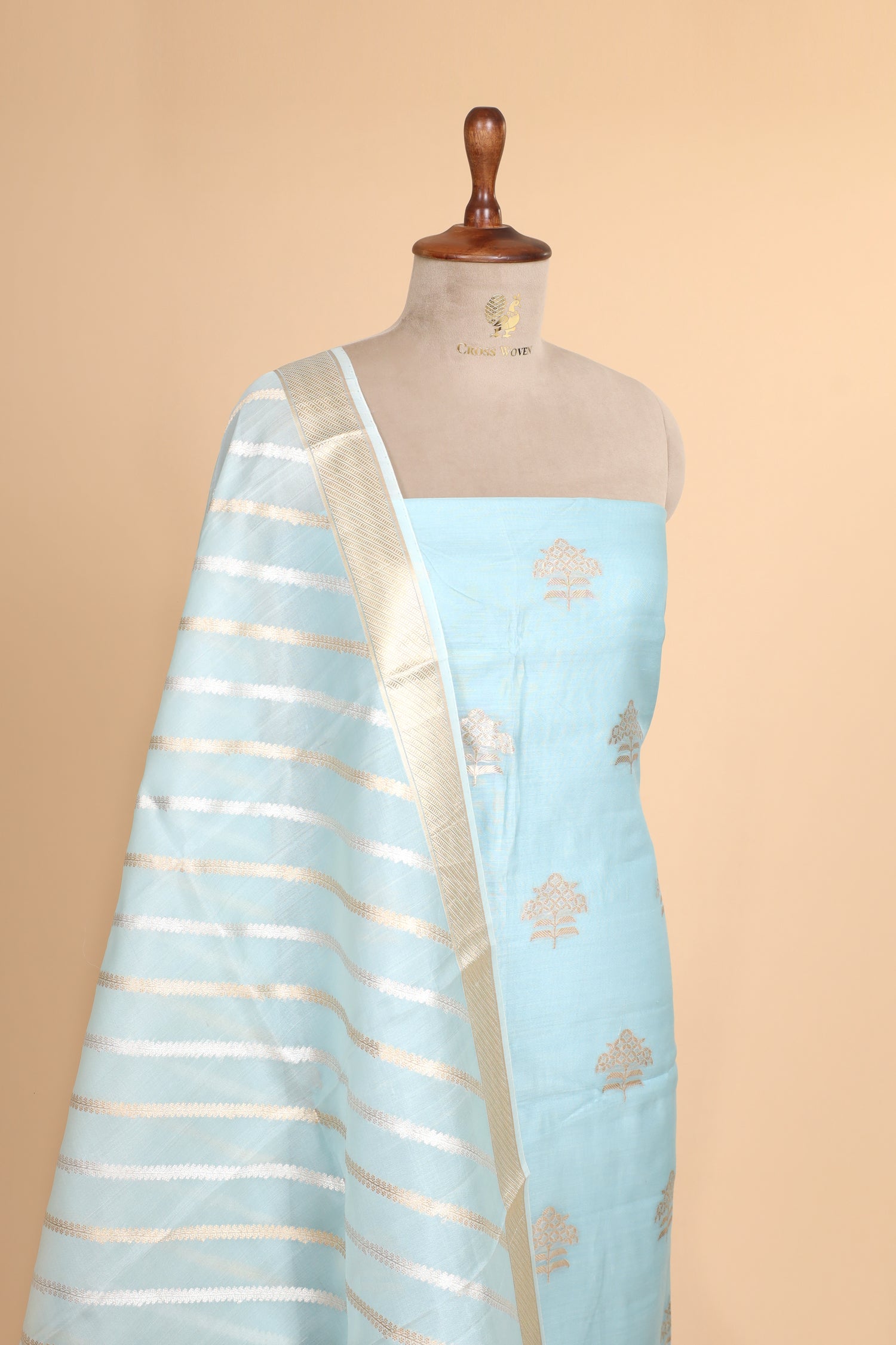 Powder Blue Premium Cotton Banarasi Suit With Organza Dupatta