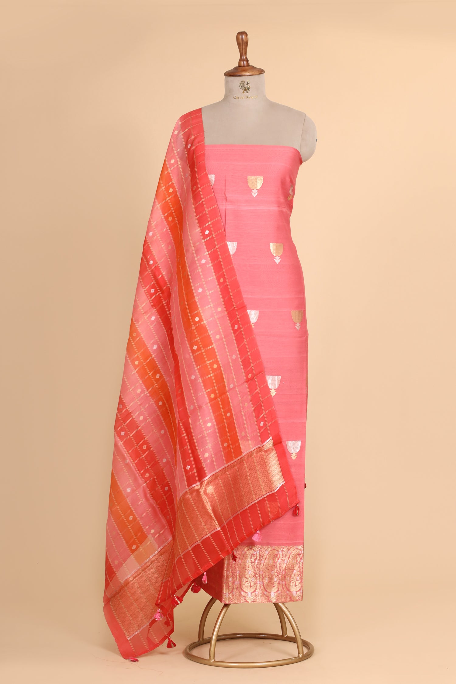 Coral Pink Premium Cotton Banarasi Suit With Organza Rangkaat Dupatta