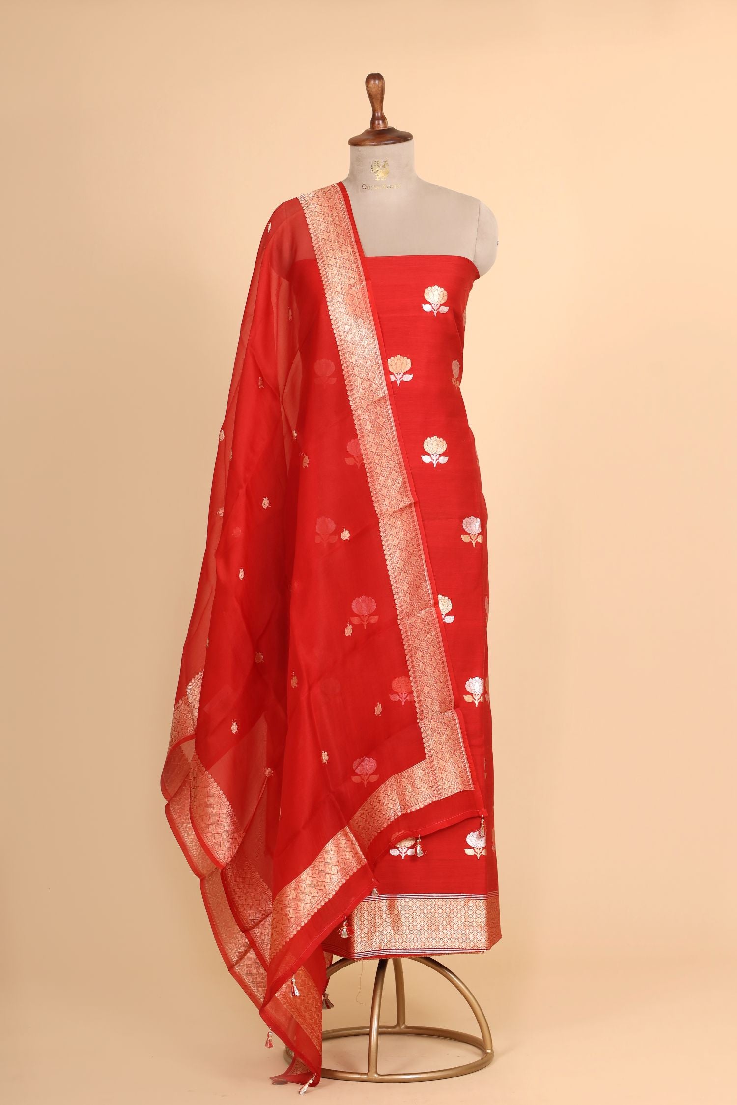 Red Premium Cotton Banarasi Suit With Organza Dupatta