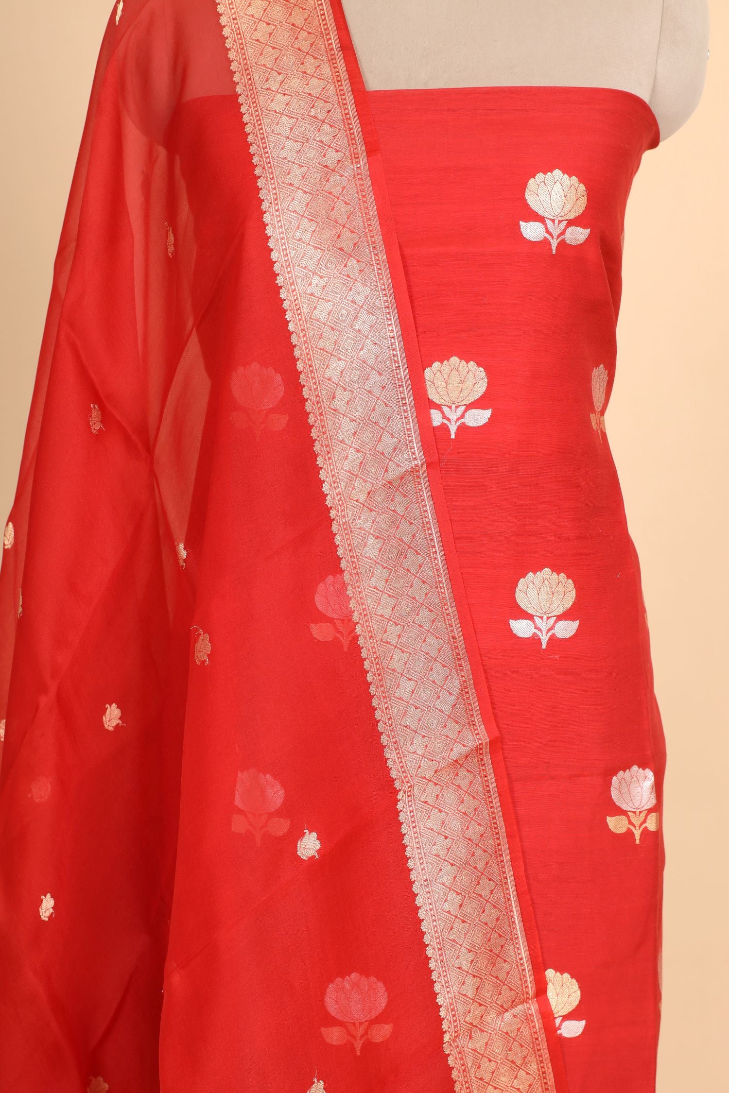 Red Premium Cotton Banarasi Suit With Organza Dupatta