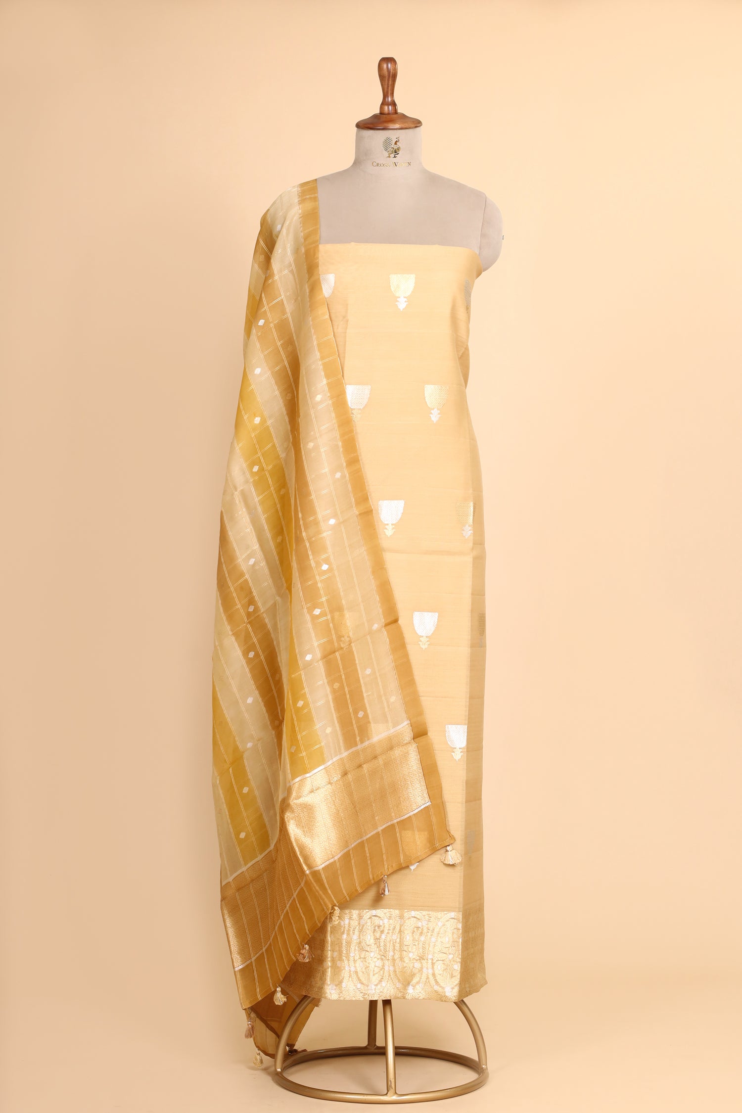Ochre Yellow Premium Cotton Banarasi Suit With Organza Rangkaat Dupatta