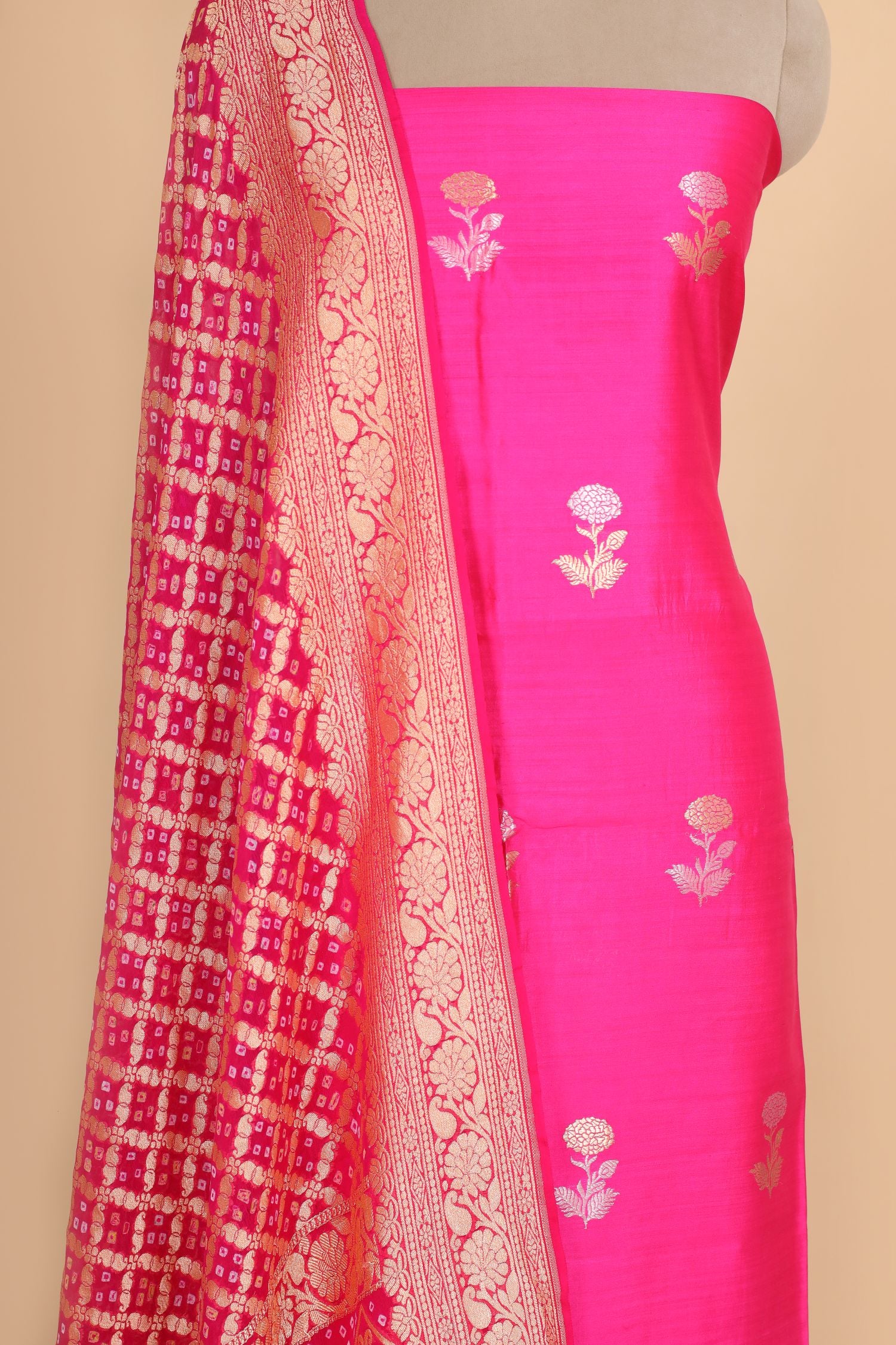 Pink Chiniya Silk Suit with Bandhani Dupatta
