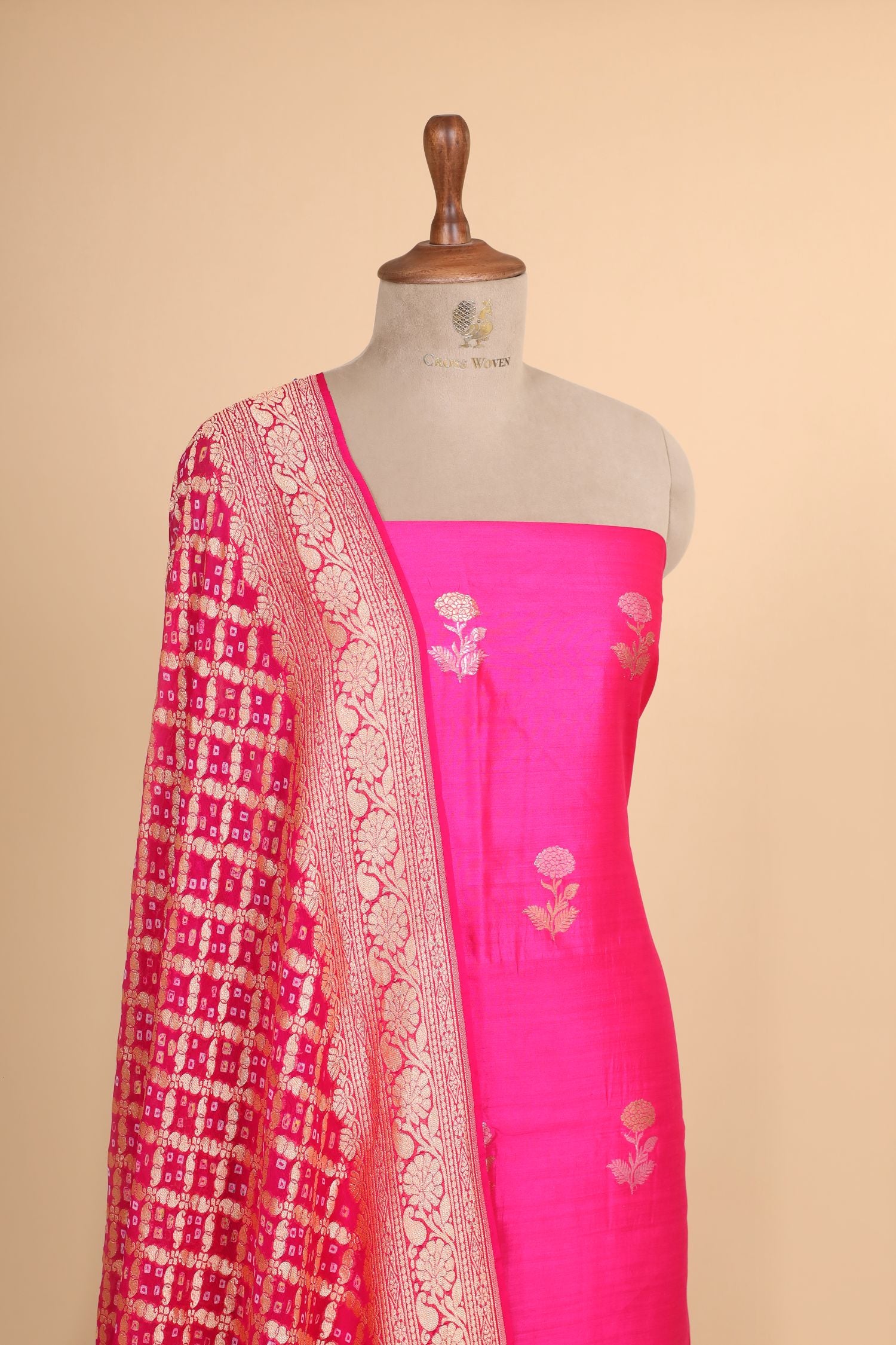 Pink Chiniya Silk Suit with Bandhani Dupatta