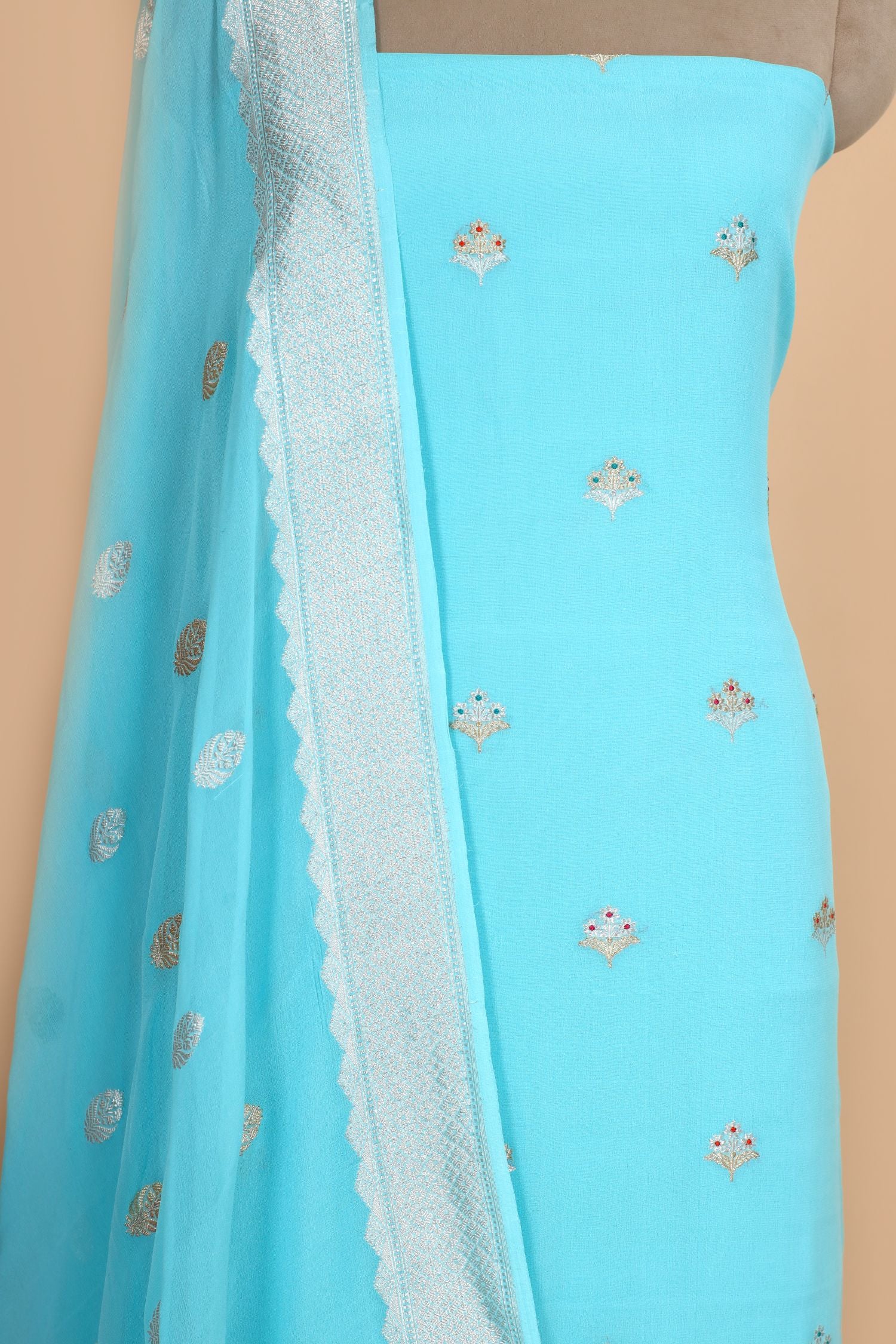 Aqua Blue Georgette Suit Set With Floral Motifs