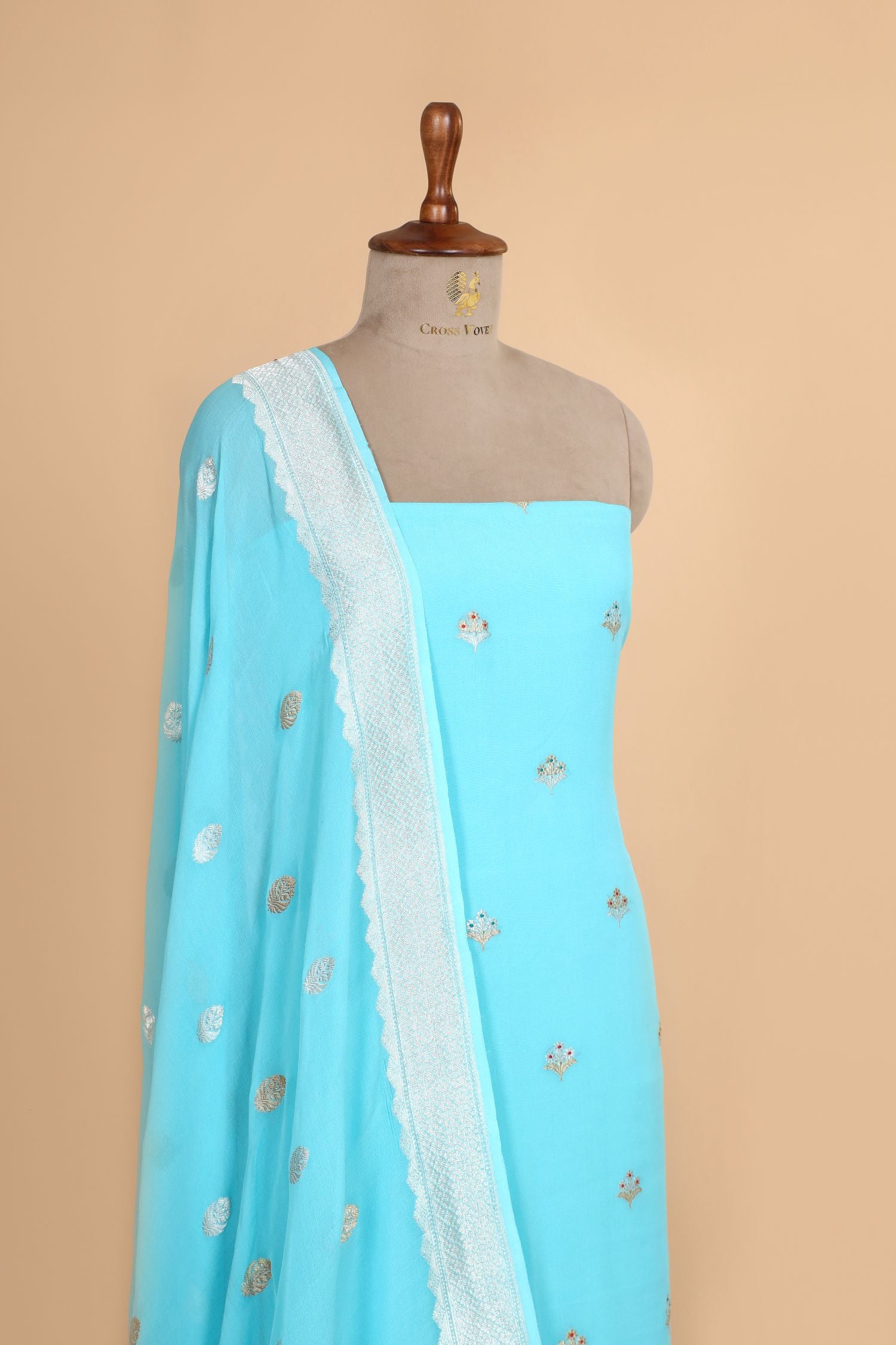 Aqua Blue Georgette Suit Set With Floral Motifs