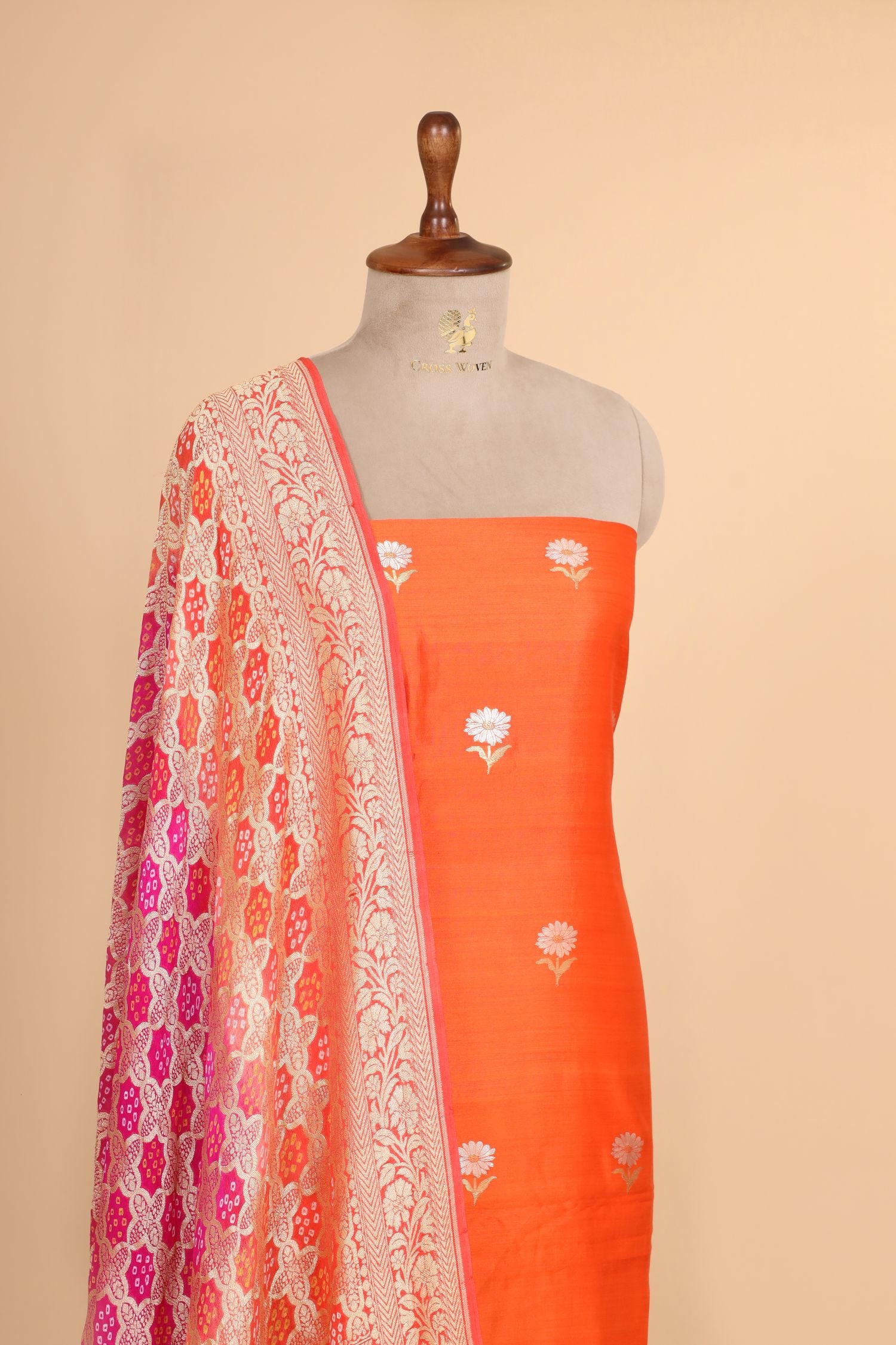 Orange Chiniya Silk Suit with Bandhani Dupatta