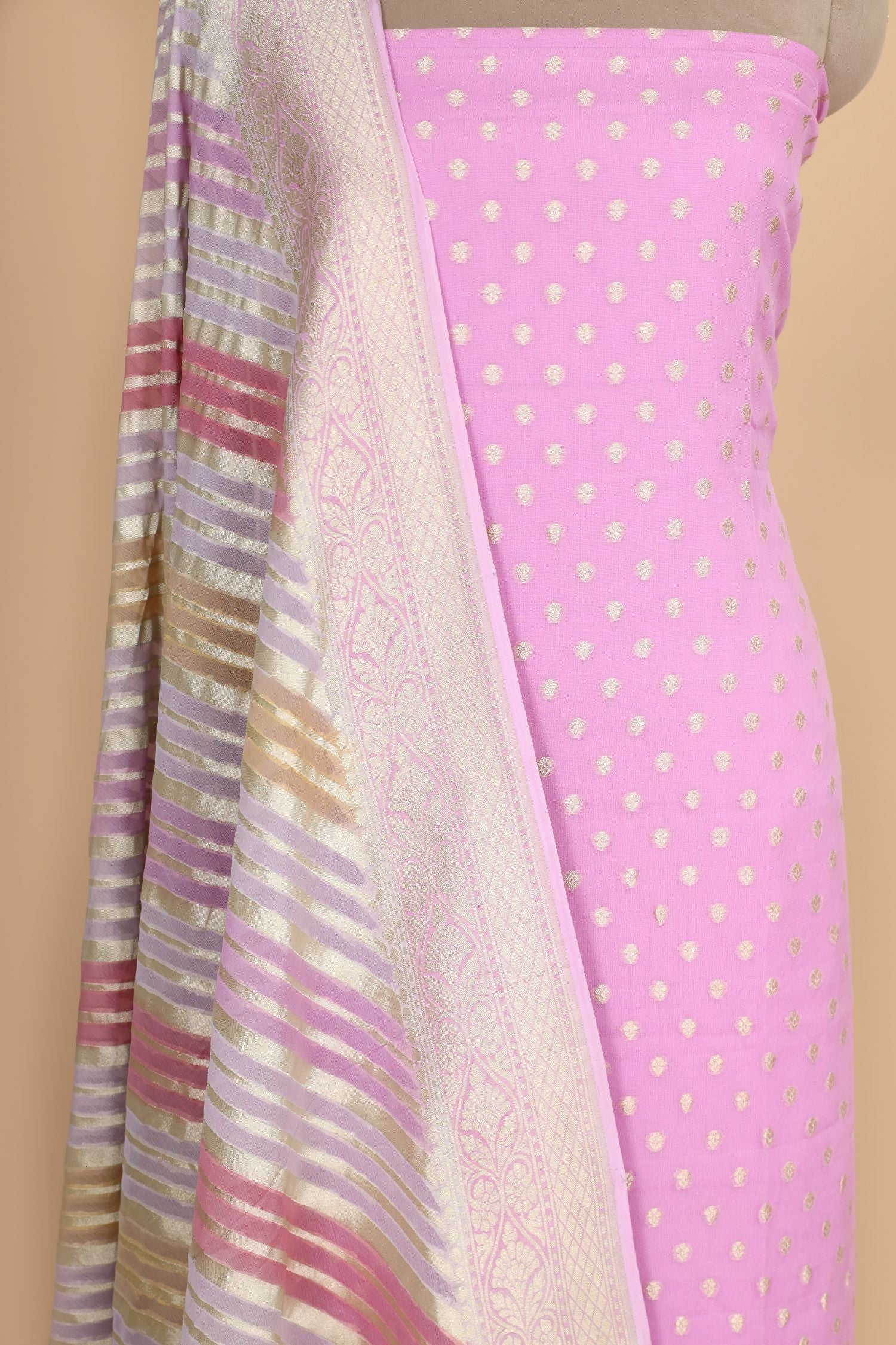 Soft Lilac Pink Georgette Suit Set With Rangkaat Dupatta