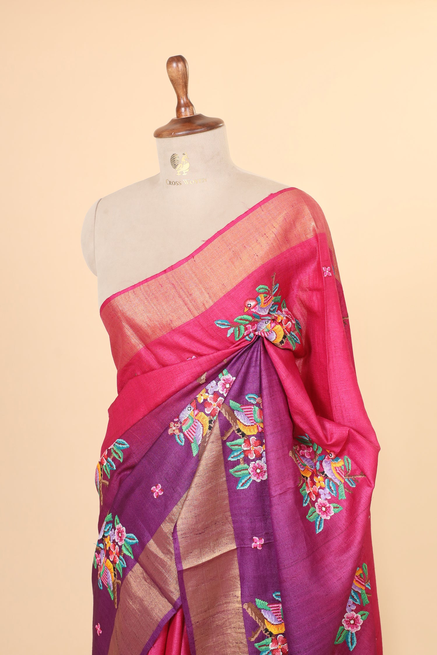 Pink Purple Ombre Tusser Silk Saree With Cross Stitch Petit Point Embroidery