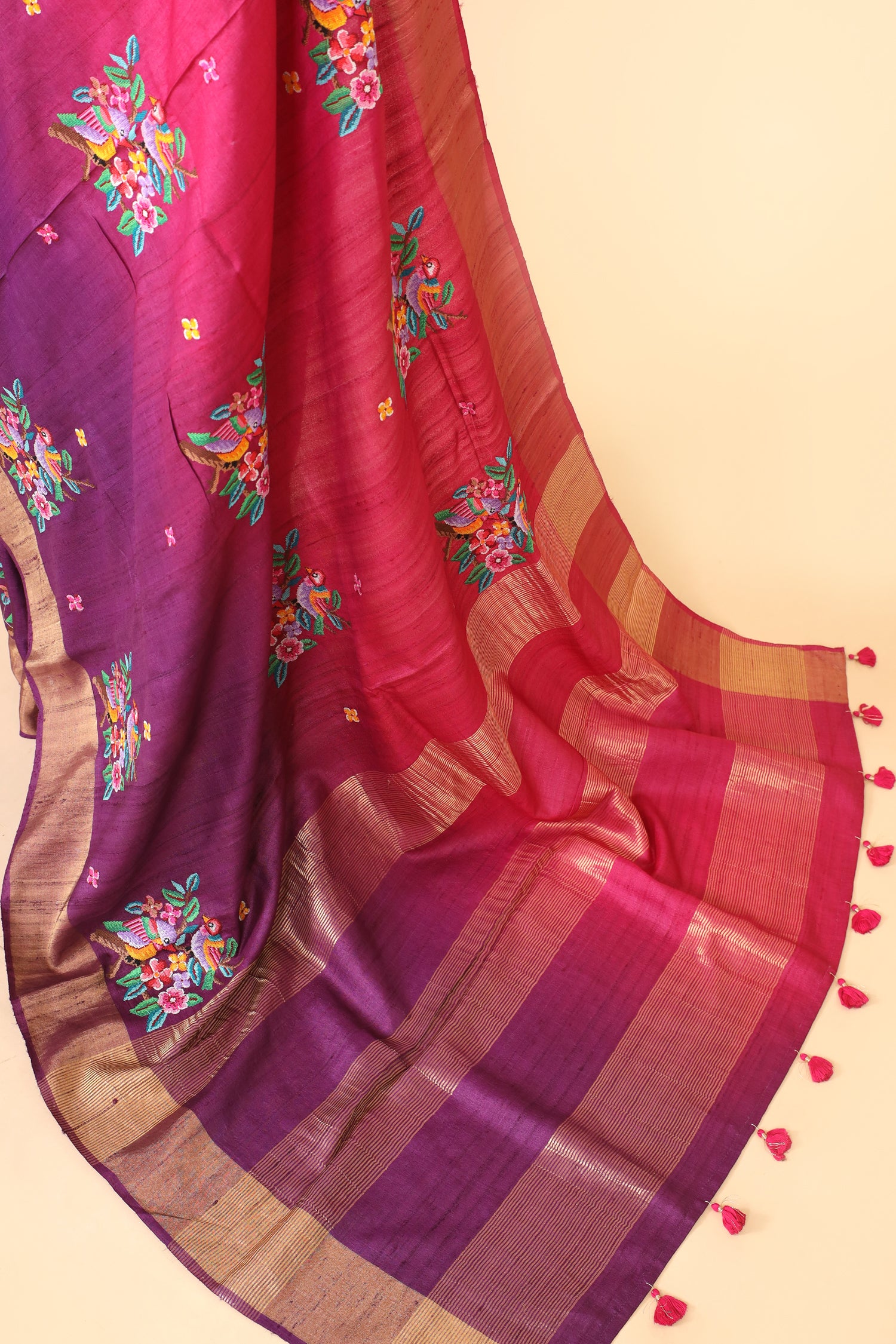 Pink Purple Ombre Tusser Silk Saree With Cross Stitch Petit Point Embroidery