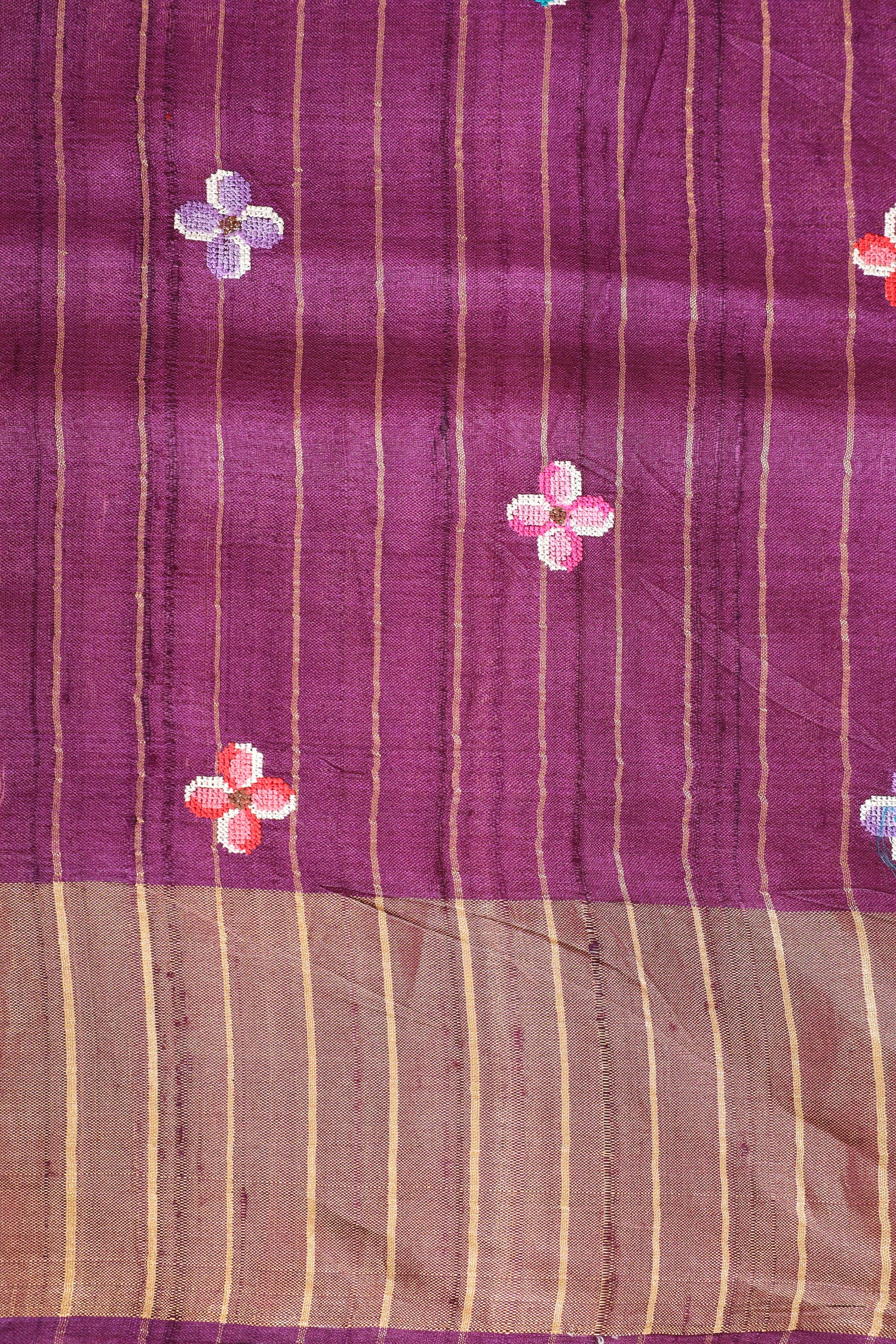 Pink Purple Ombre Tusser Silk Saree With Cross Stitch Petit Point Embroidery