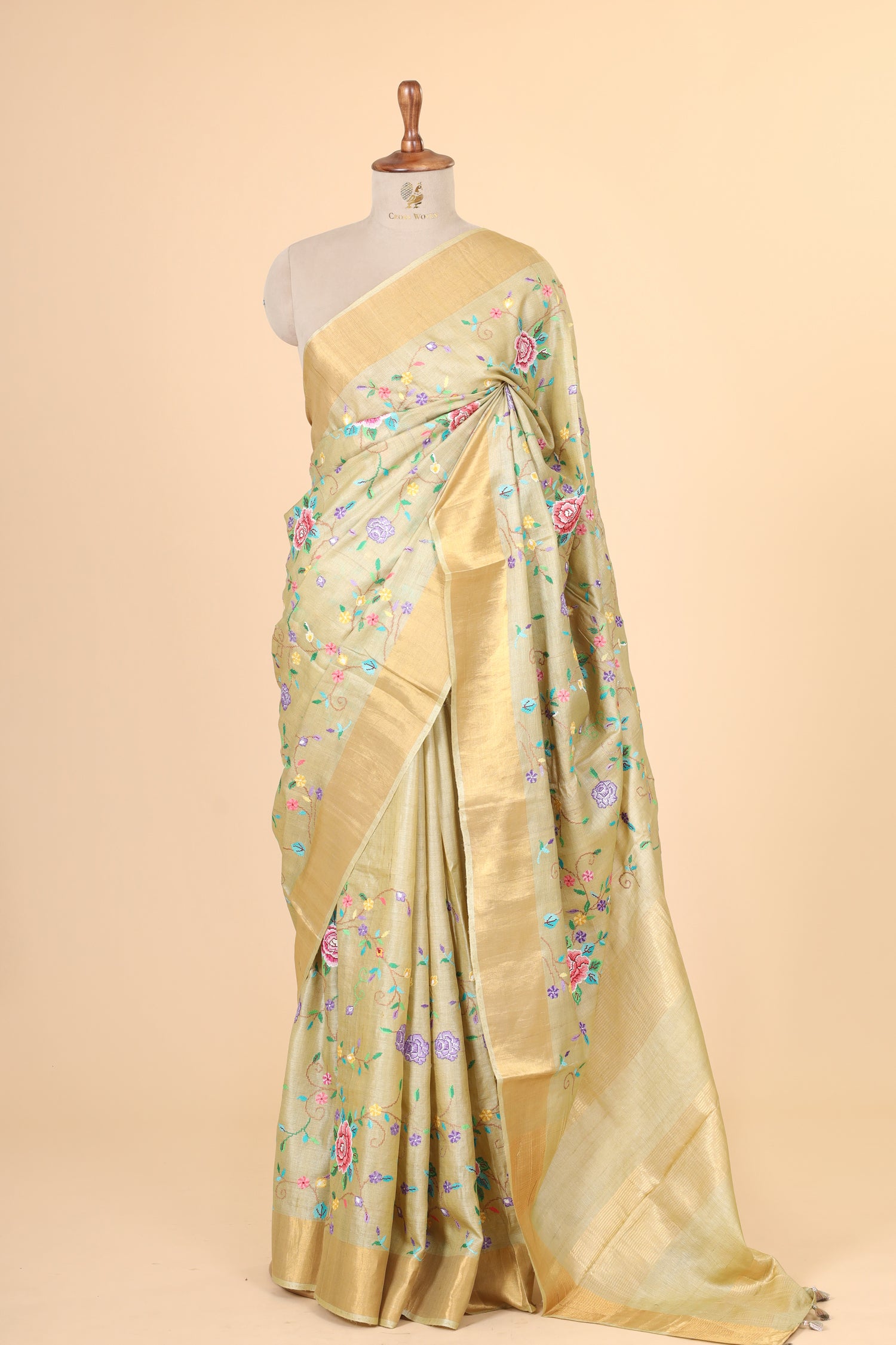 Pista Green Tusser Silk Saree With Cross Stitch Petit Point Embroidery