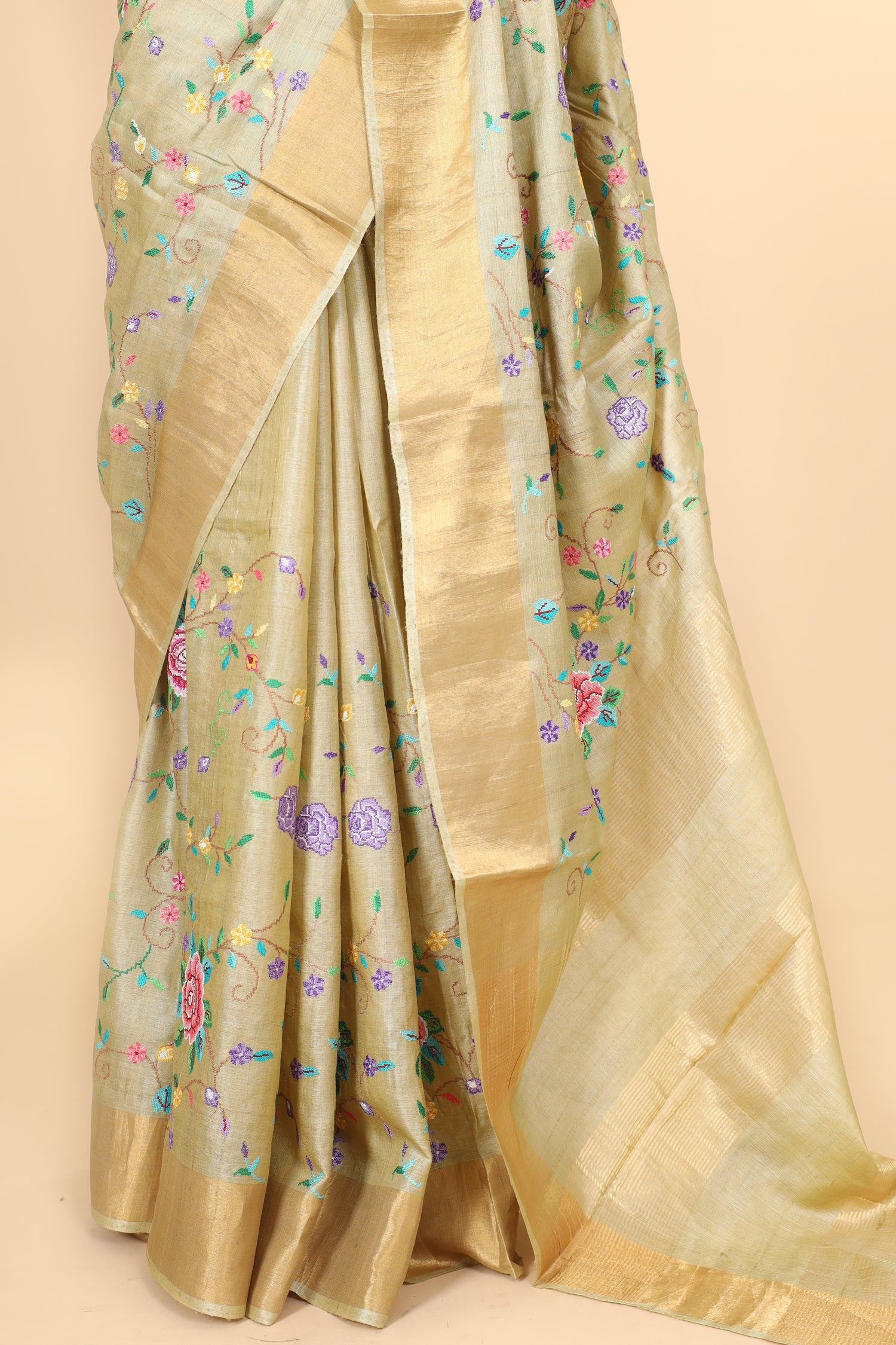 Pista Green Tusser Silk Saree With Cross Stitch Petit Point Embroidery