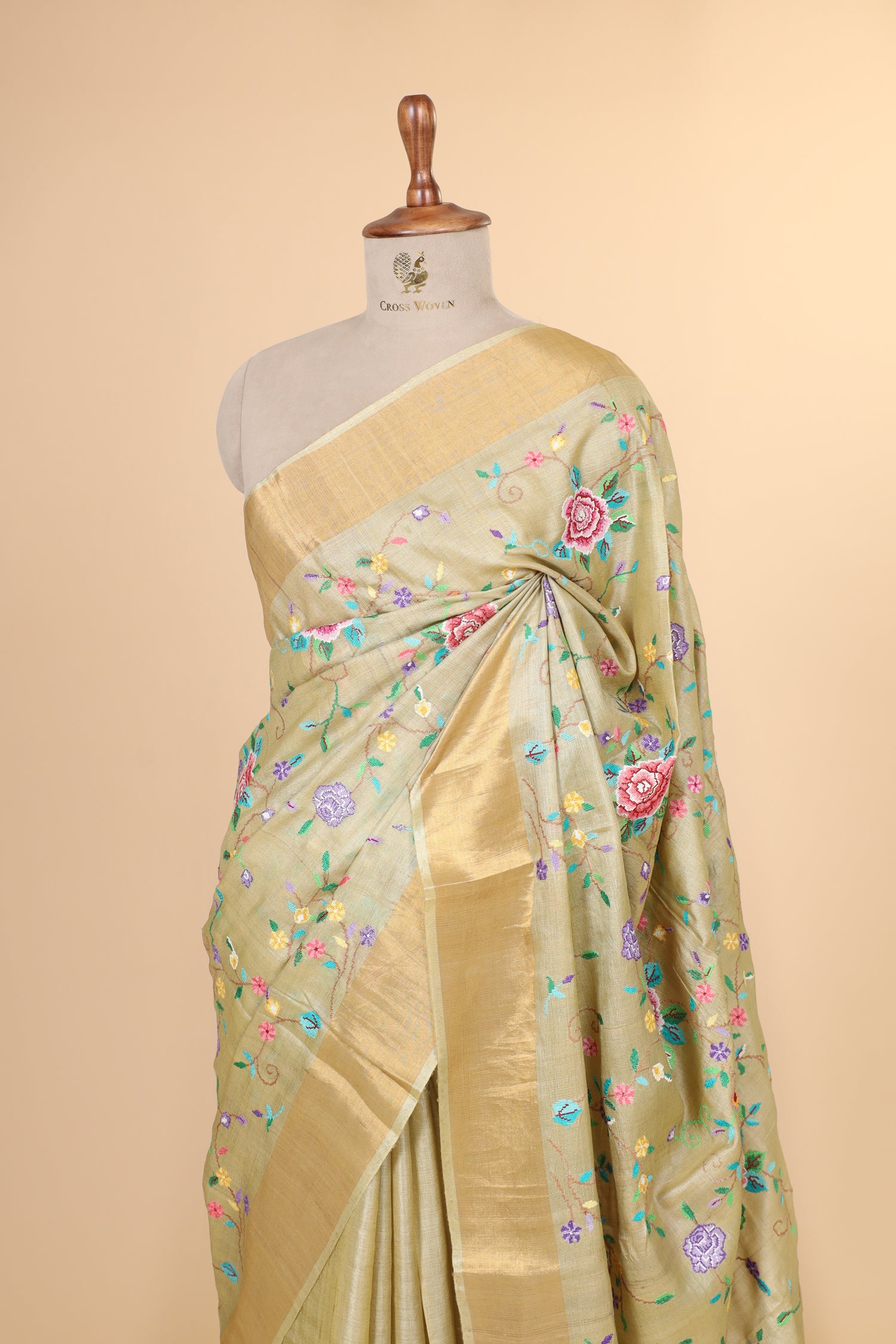Pista Green Tusser Silk Saree With Cross Stitch Petit Point Embroidery
