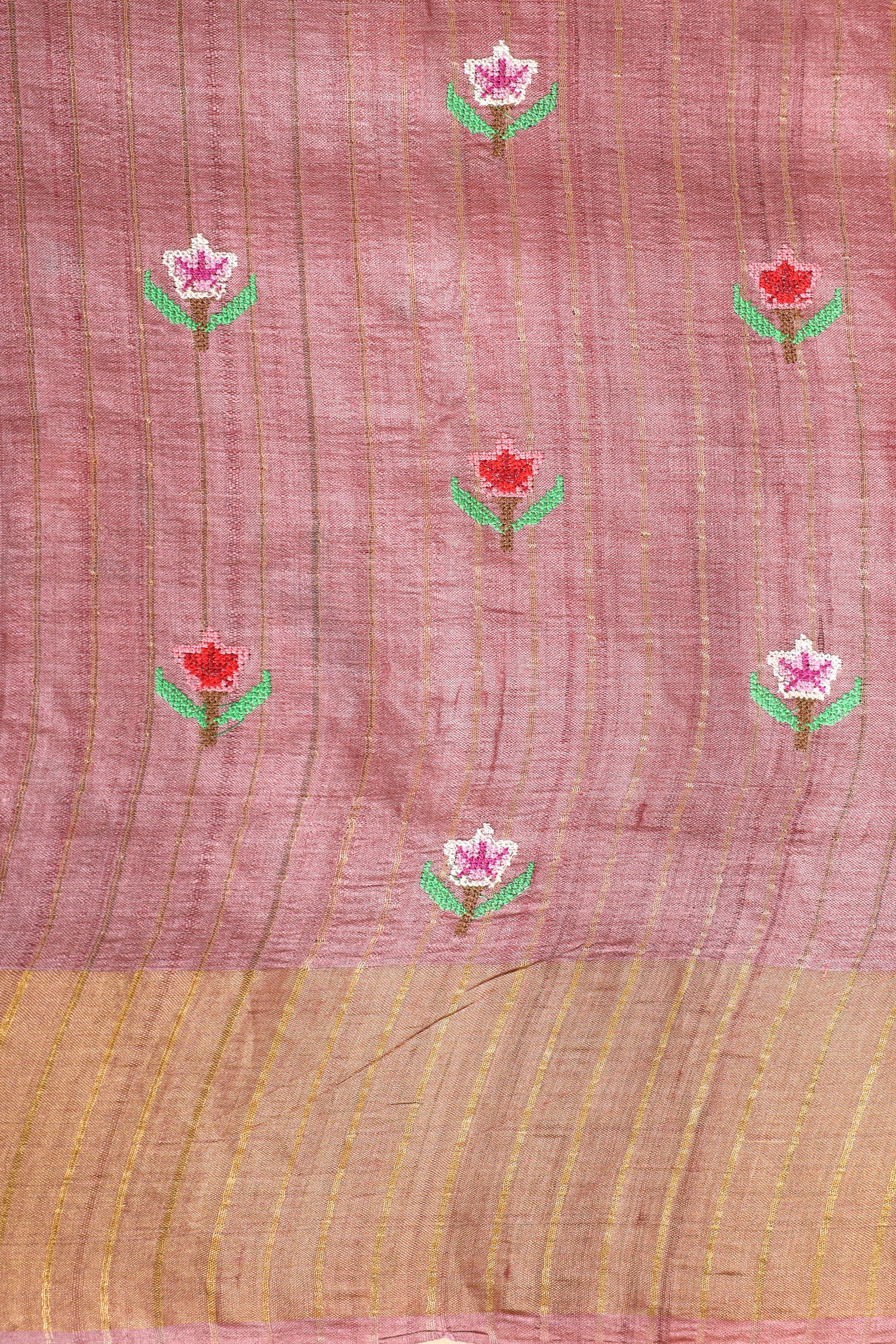 Dusty Pink Tusser Silk Saree With Cross Stitch Petit Point Embroidery