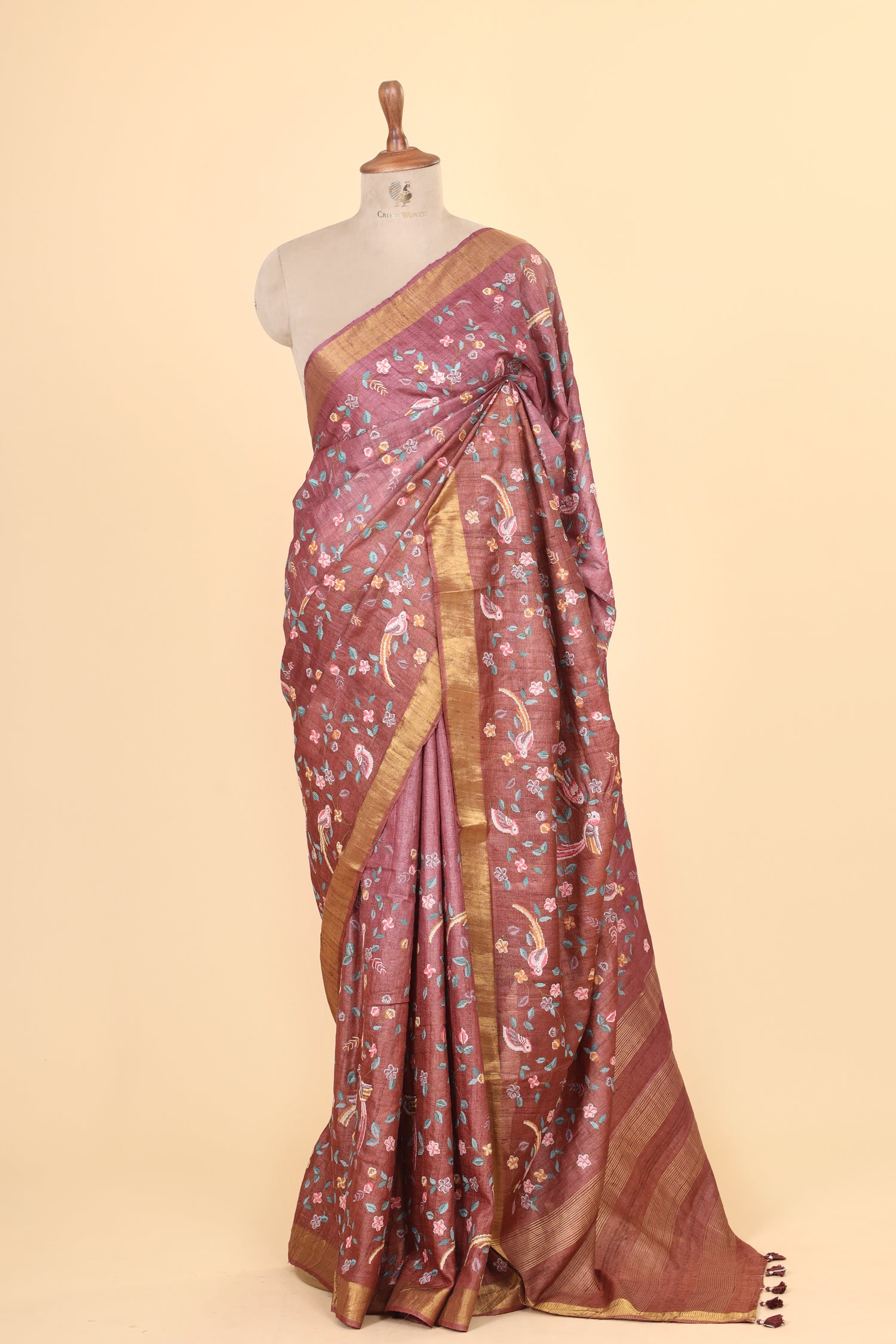 Brown Pink Ombre Pure Tussar Silk Saree With Cross Stitch Petit Point Embroidery
