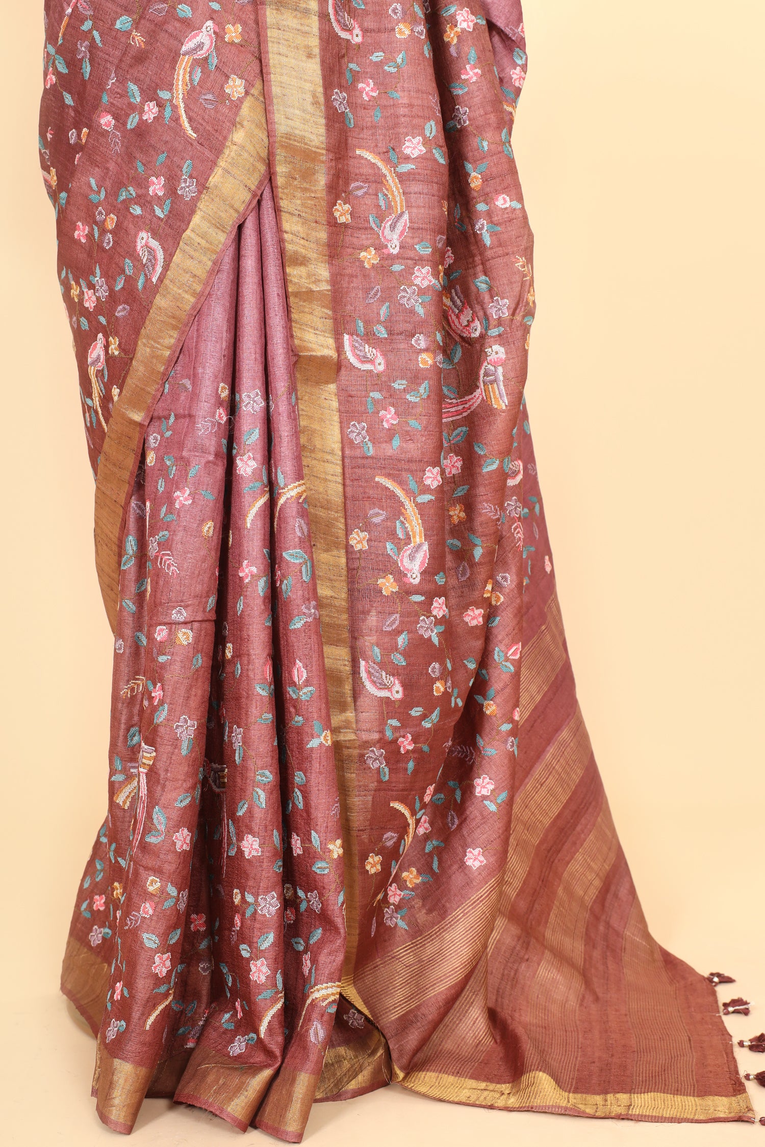 Brown Pink Ombre Pure Tussar Silk Saree With Cross Stitch Petit Point Embroidery