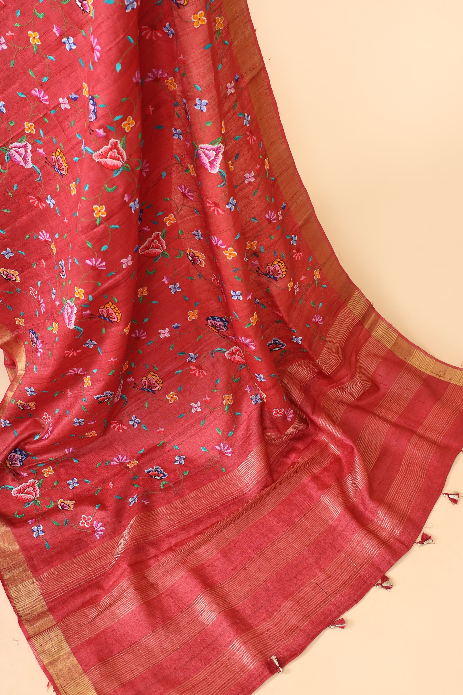 Red Tusser Silk Saree With Cross Stitch Petit Point Embroidery
