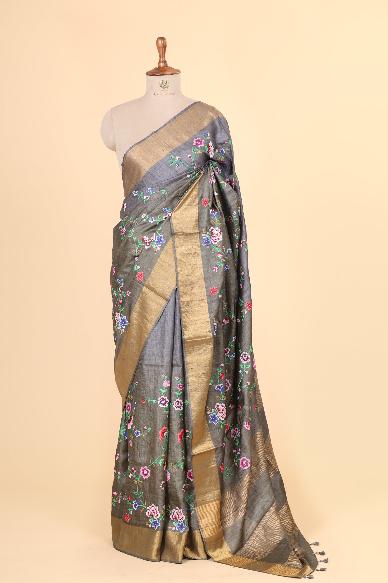 Grey Tusser Silk Saree With Cross Stitch Petit Point Embroidery