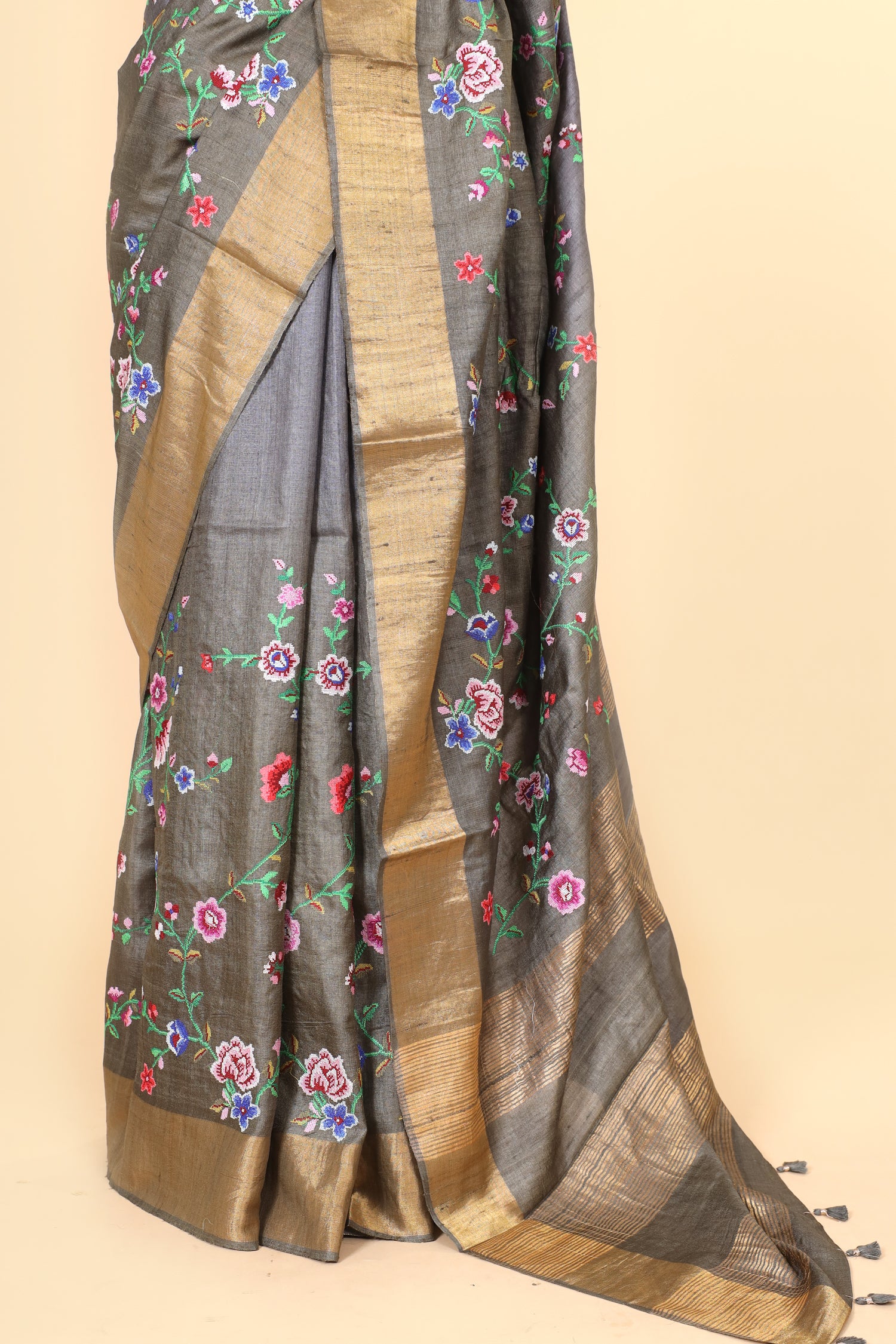 Grey Tusser Silk Saree With Cross Stitch Petit Point Embroidery