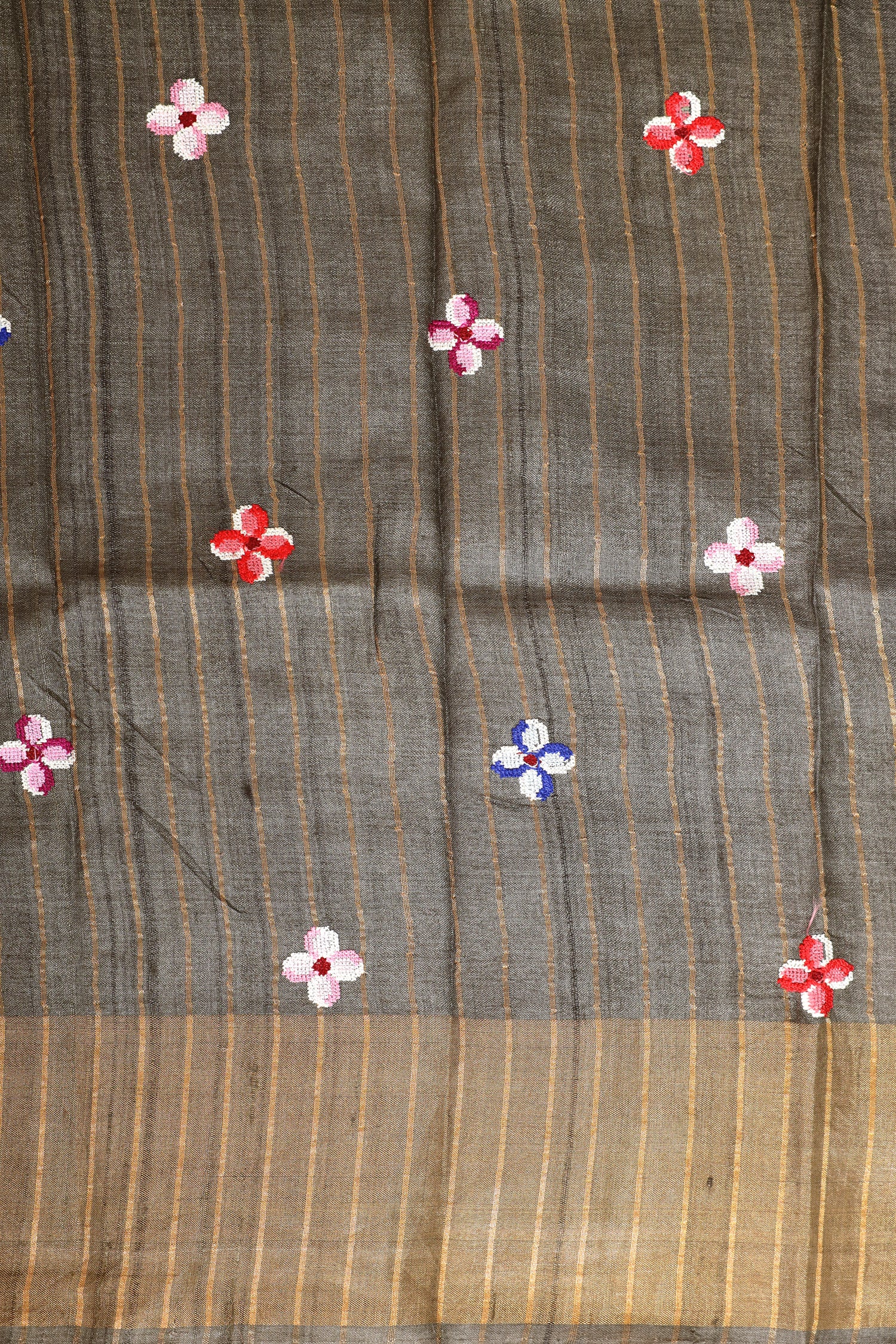 Grey Tusser Silk Saree With Cross Stitch Petit Point Embroidery