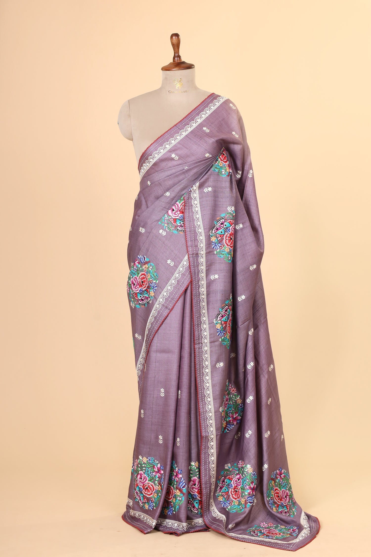 Dusty Lavender Tusser Silk Saree With Cross Stitch Petit Point Embroidery