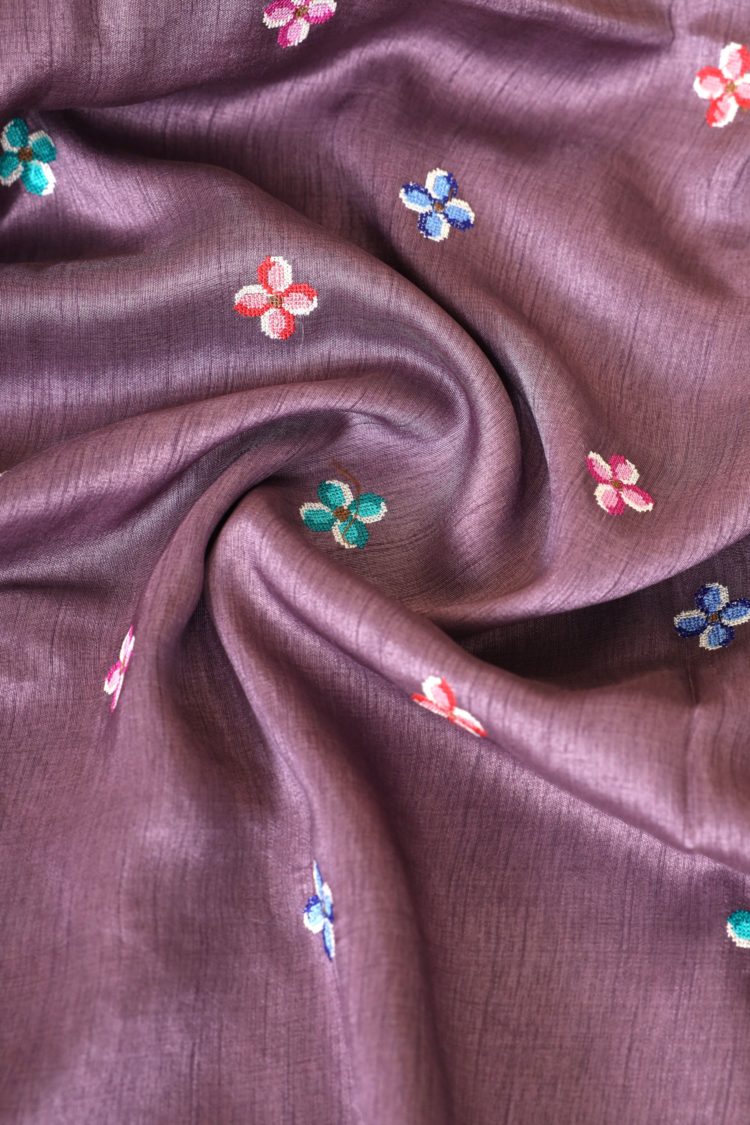 Dusty Lavender Tusser Silk Saree With Cross Stitch Petit Point Embroidery