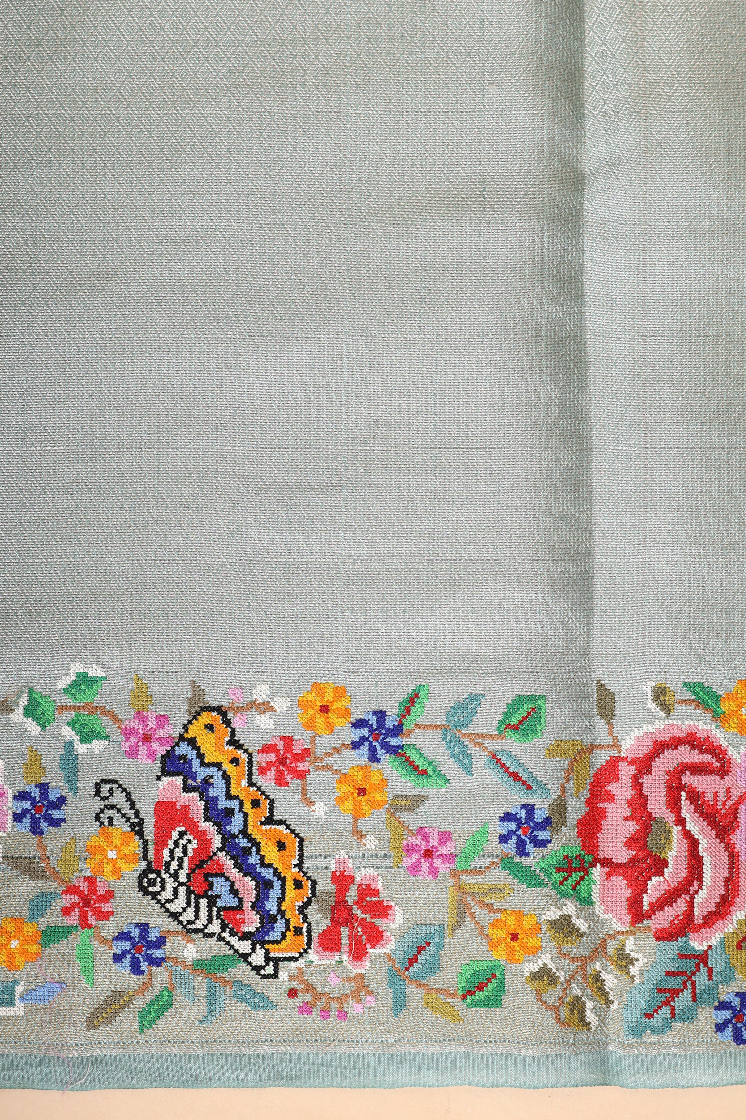 Powder Blue Tissue Brocade Saree with Cross-Stitch Petit Point Embroidered Border