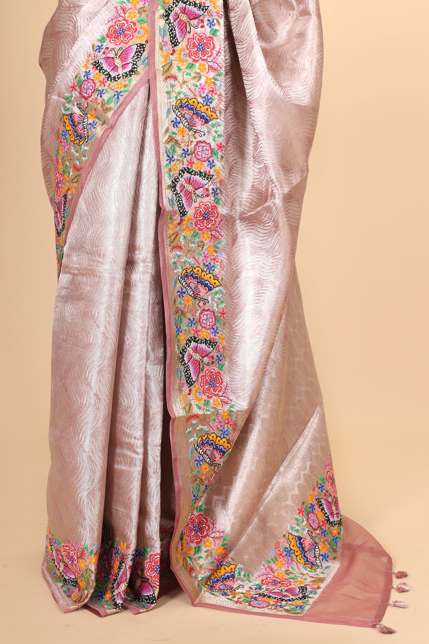 Blush Pink Tissue Brocade Saree with Cross-Stitch Petit Point Embroidered Border