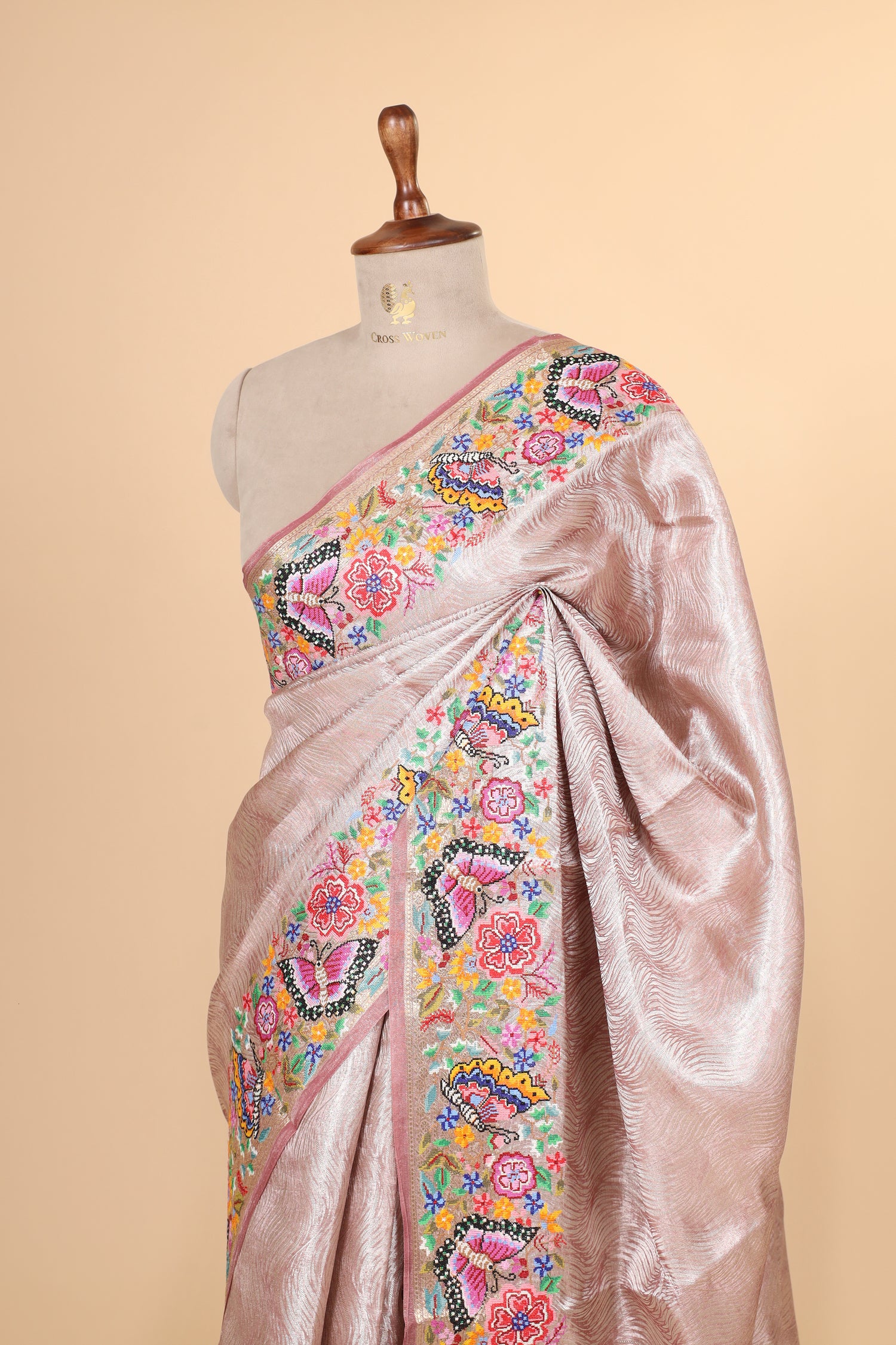 Blush Pink Tissue Brocade Saree with Cross-Stitch Petit Point Embroidered Border