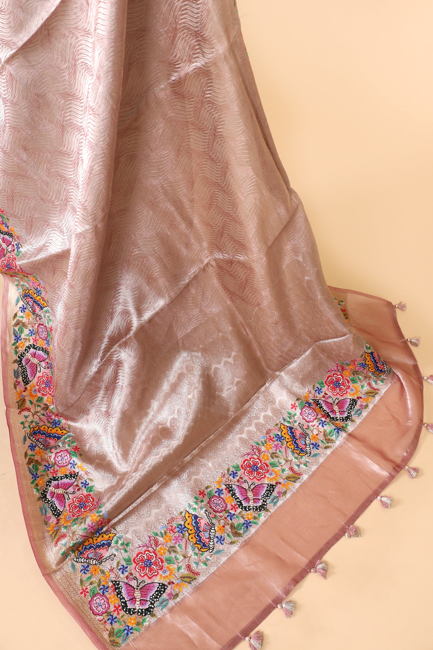 Blush Pink Tissue Brocade Saree with Cross-Stitch Petit Point Embroidered Border