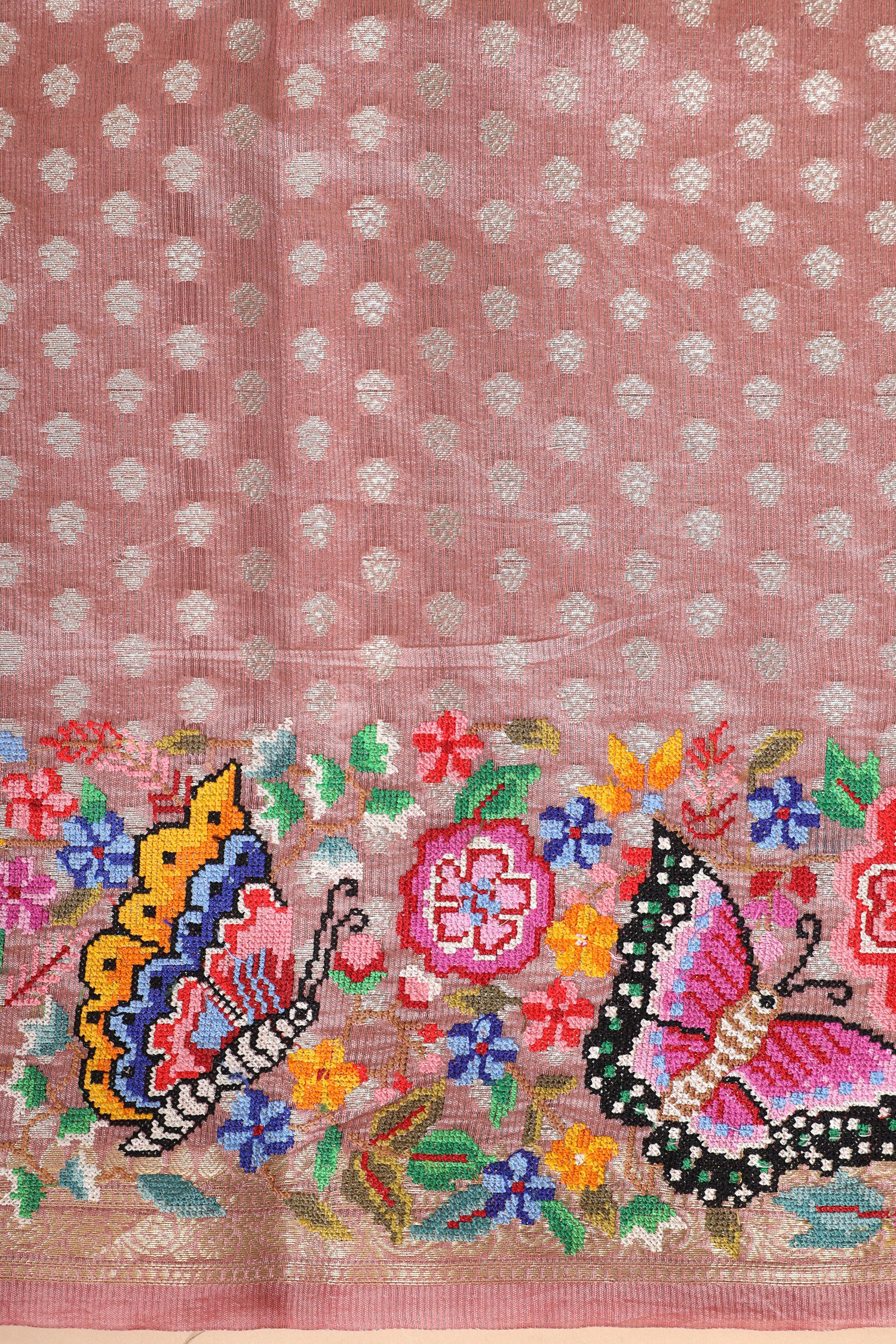 Blush Pink Tissue Brocade Saree with Cross-Stitch Petit Point Embroidered Border