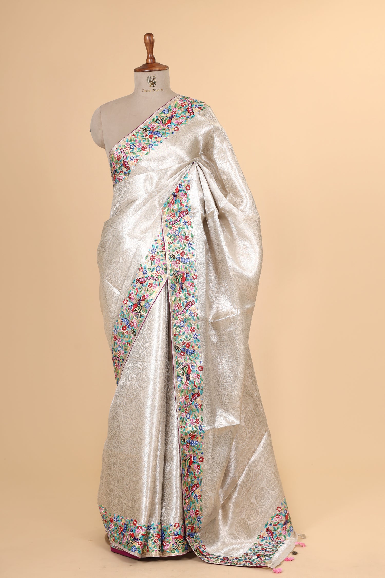Silver Tissue Brocade Saree with Cross-Stitch Petit Point Embroidered Border